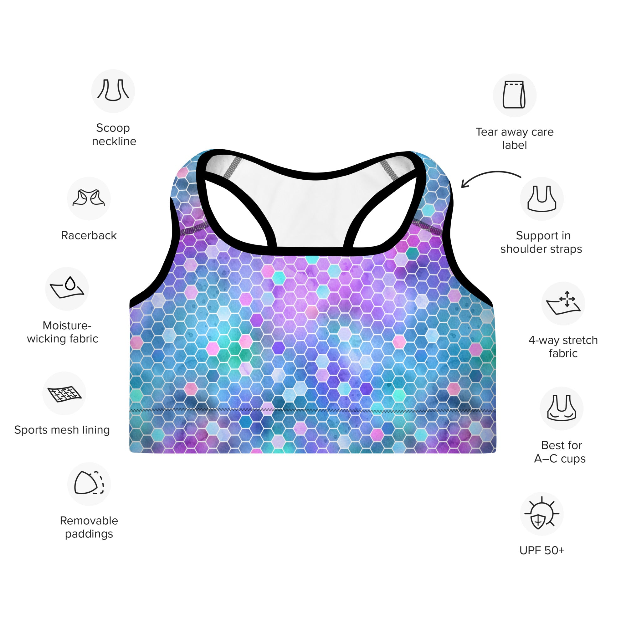 Padded Sports Bra Honeycomb Pink and Purple