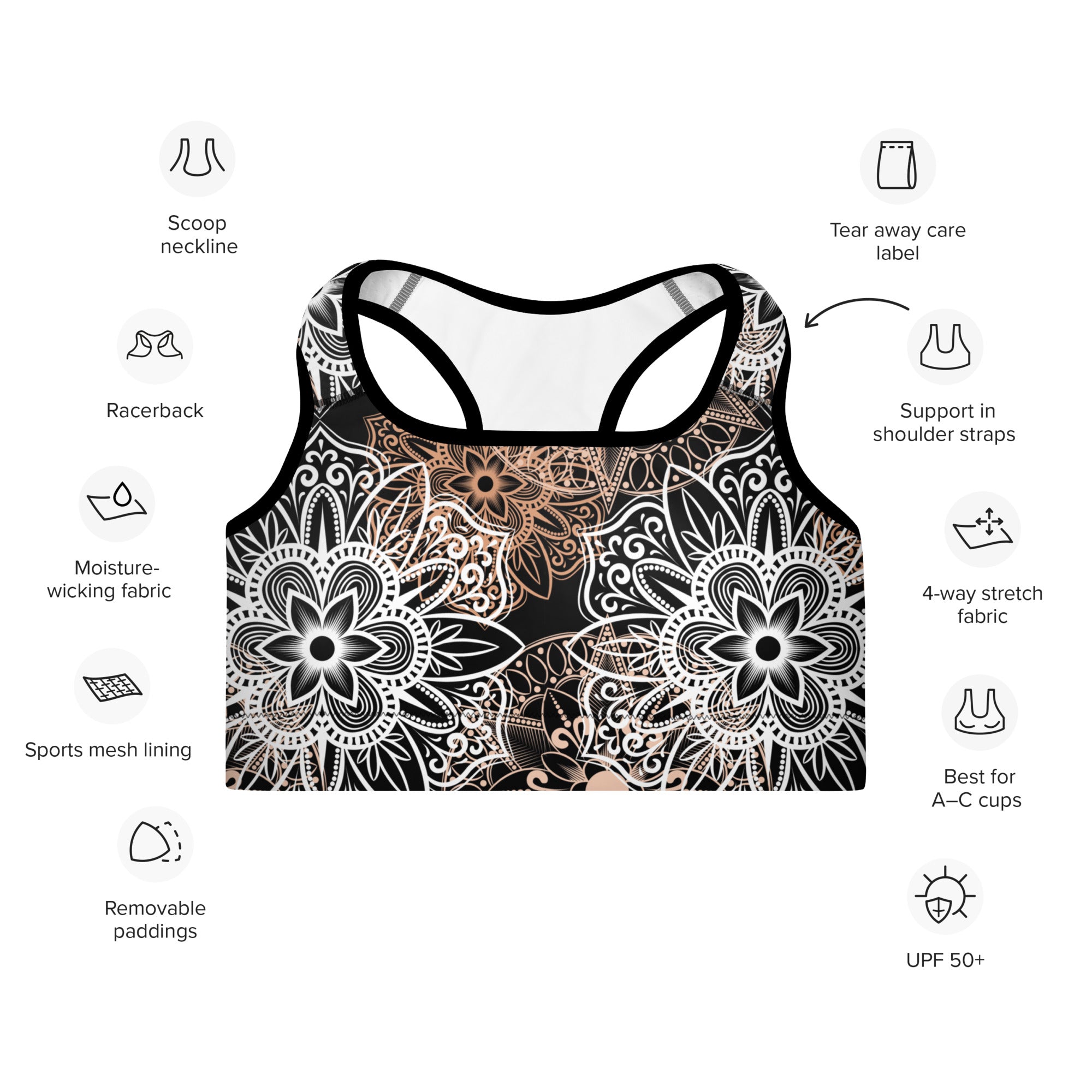 Padded Sports Bra Mandala Brown and Black