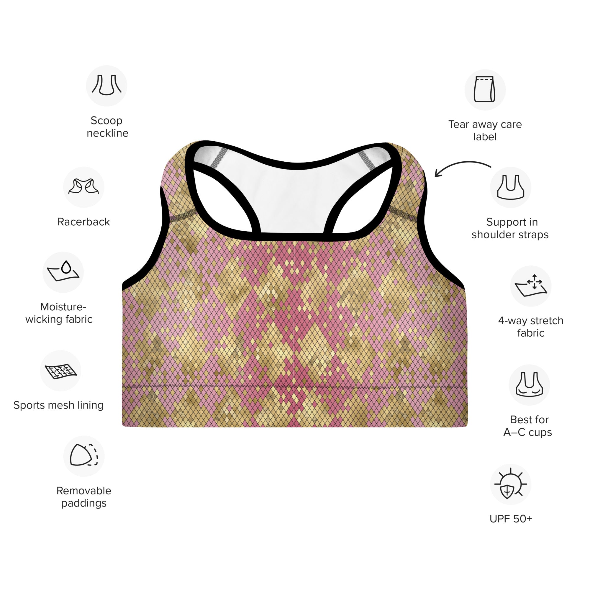 Padded Sports Bra Snake print Pink and Gold