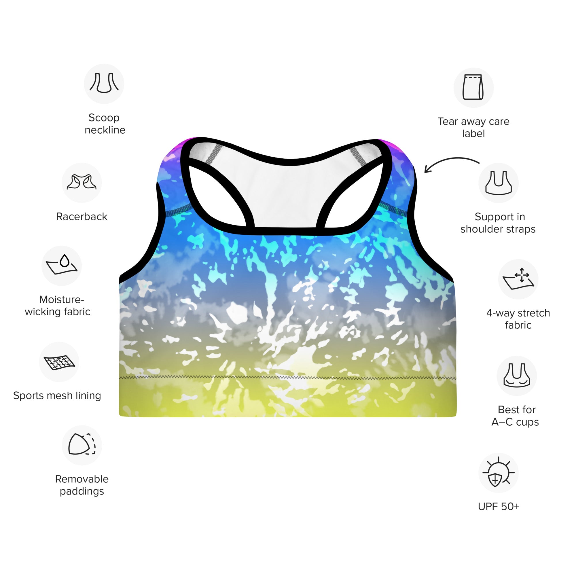 Padded Sports Bra Tie dye multicolor splashes