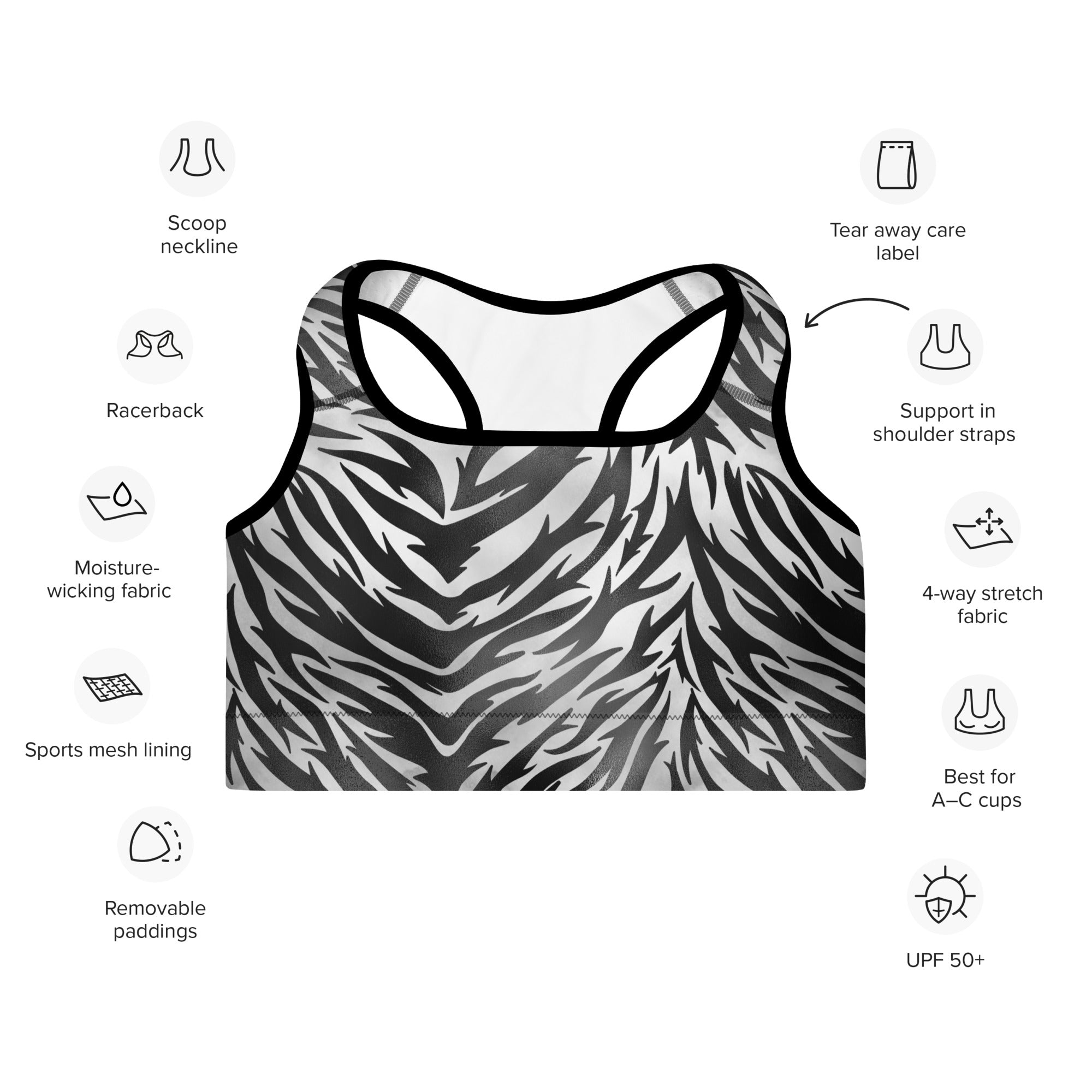 Padded Sports Bra Zebra print Black and White