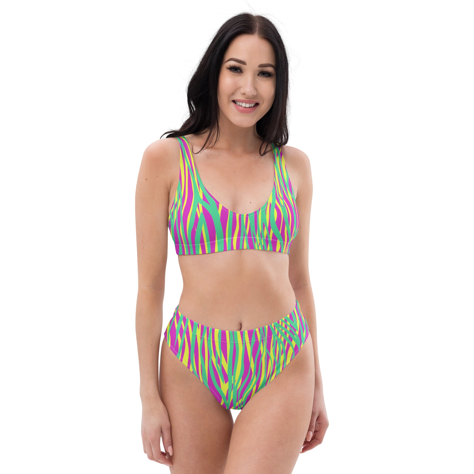 Recycled high waisted bikini Funky zebra green