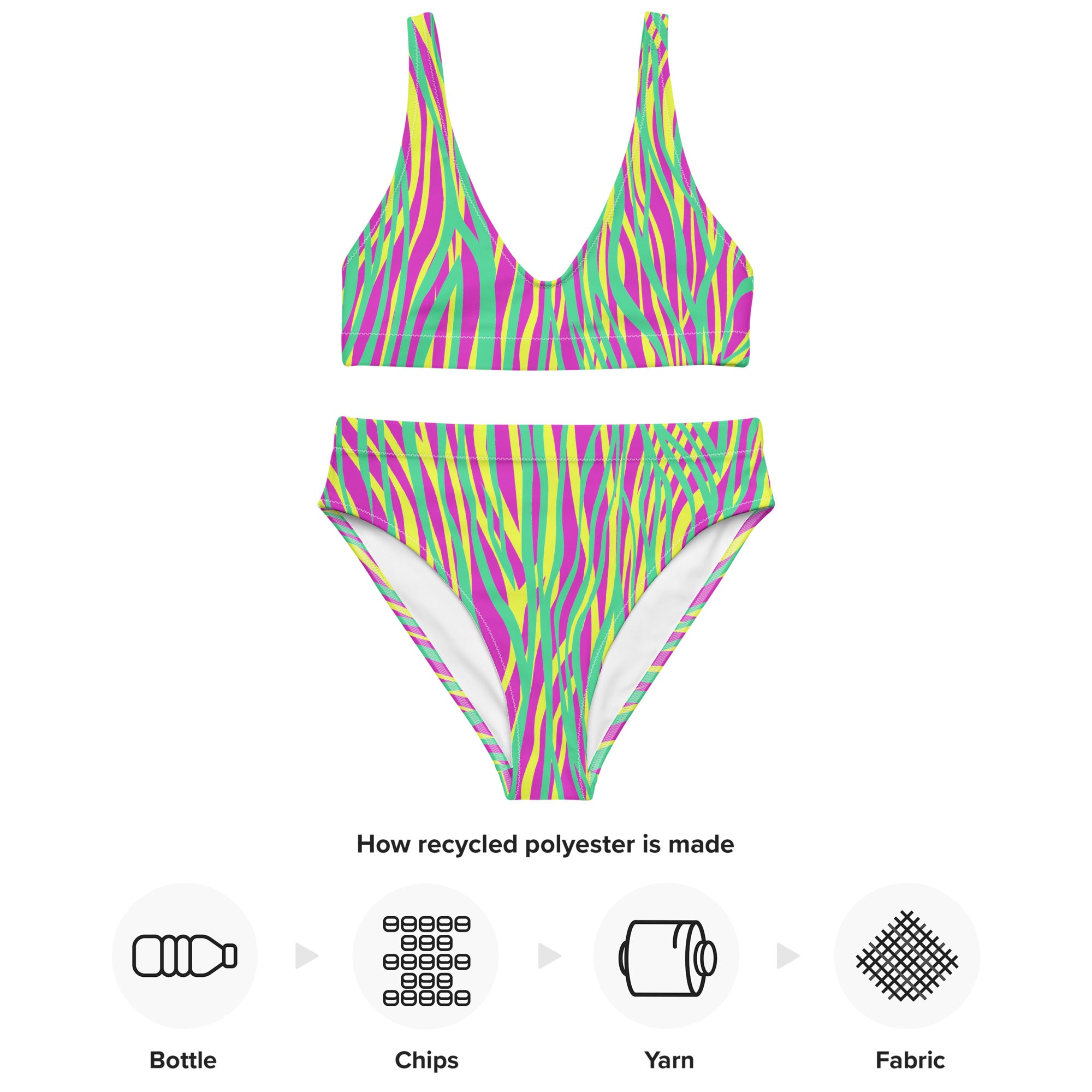 Recycled high waisted bikini Funky zebra green