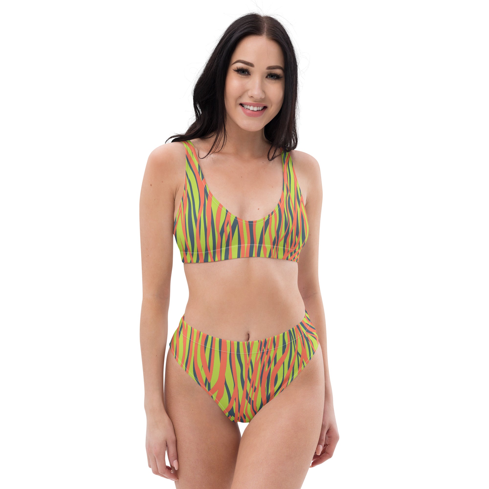 Recycled high waisted bikini funky zebra orange