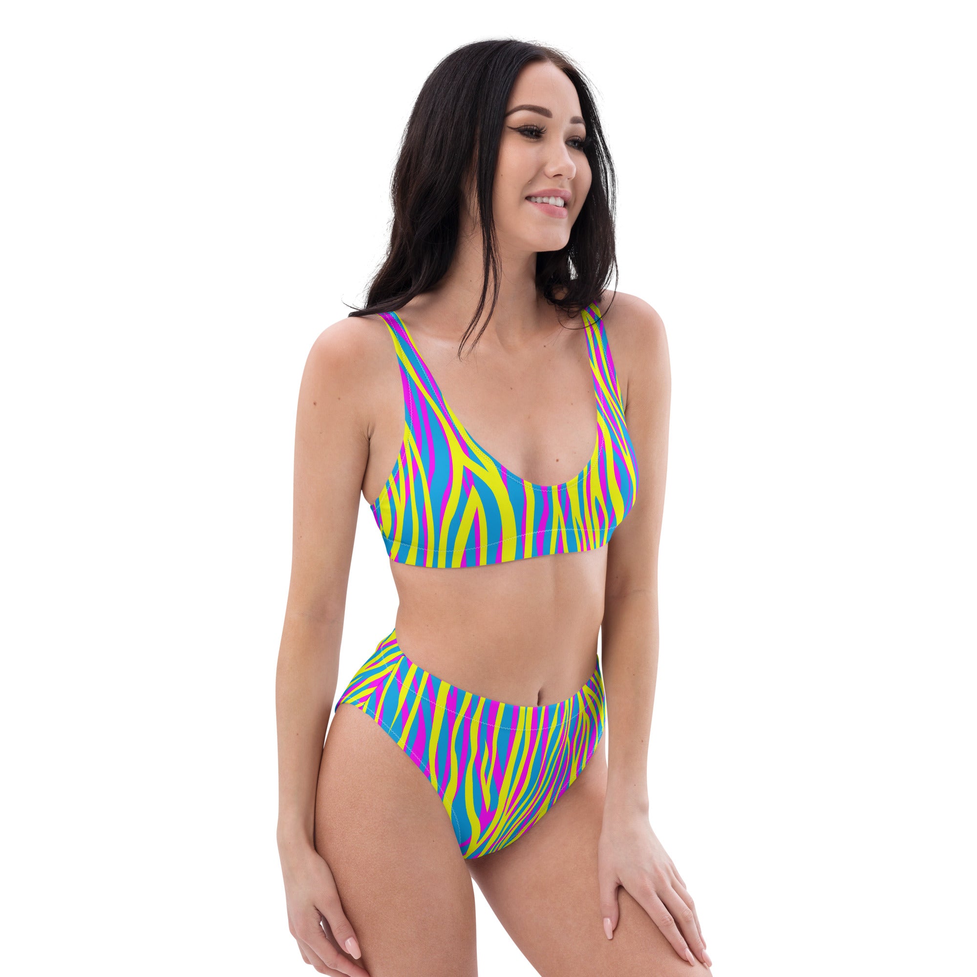 Recycled high waisted bikini funky zebra yellow