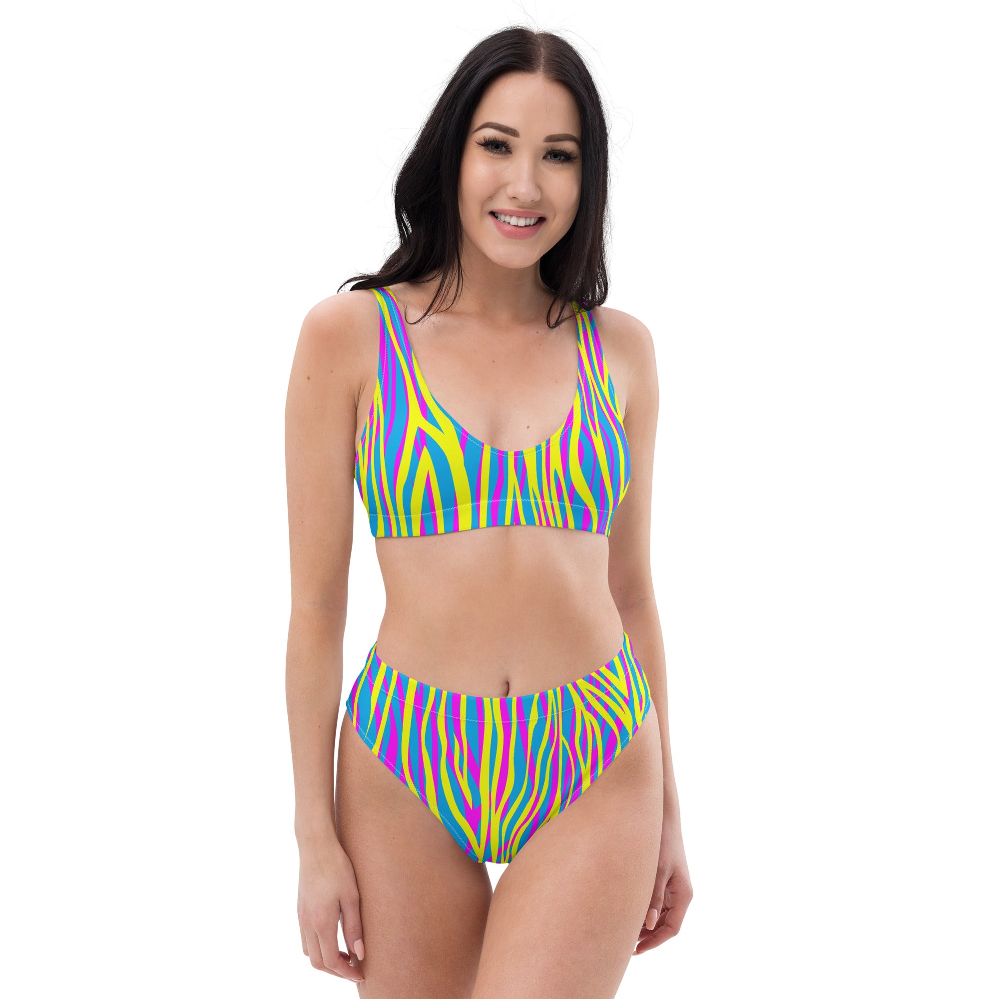 Recycled high waisted bikini funky zebra yellow