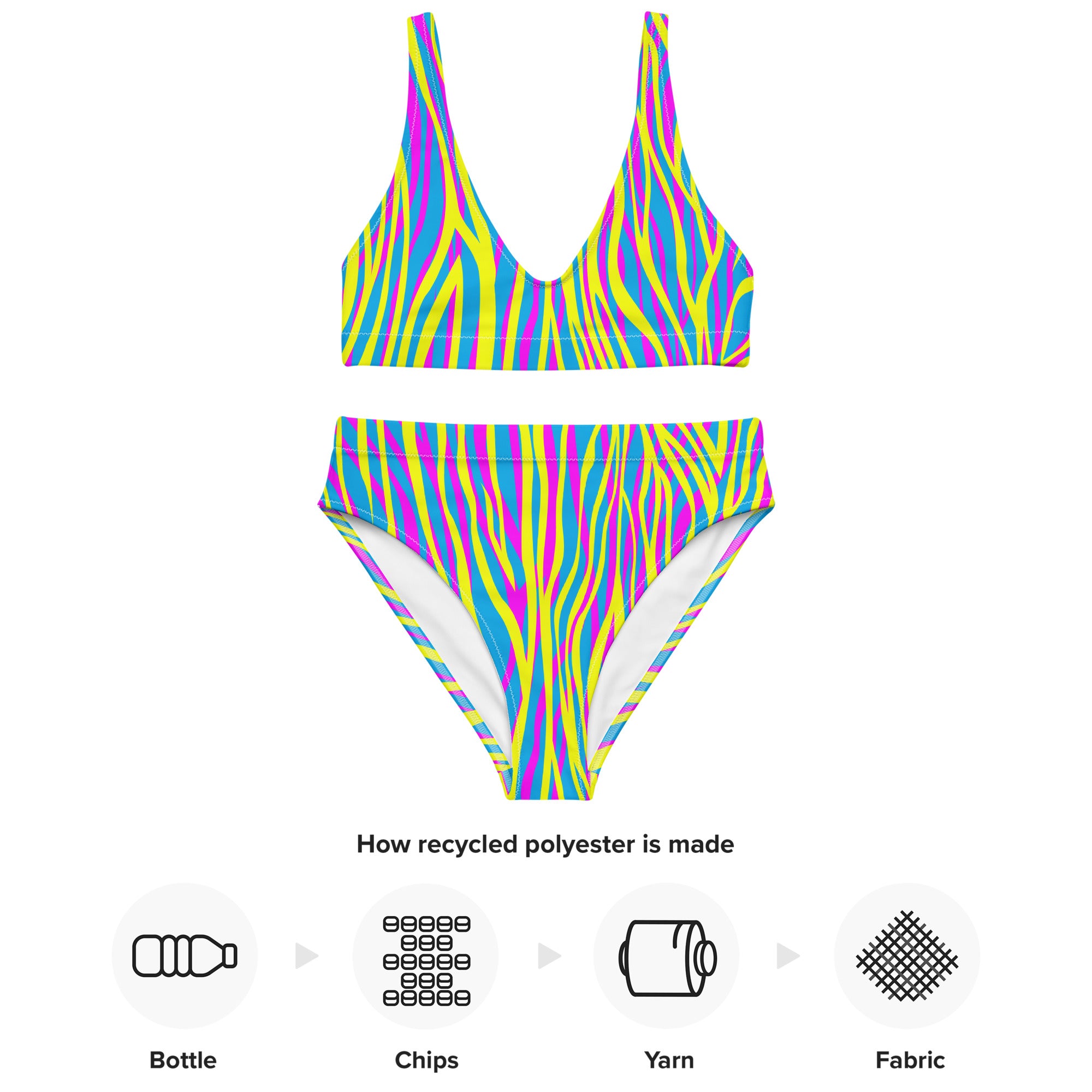 Recycled high waisted bikini funky zebra yellow