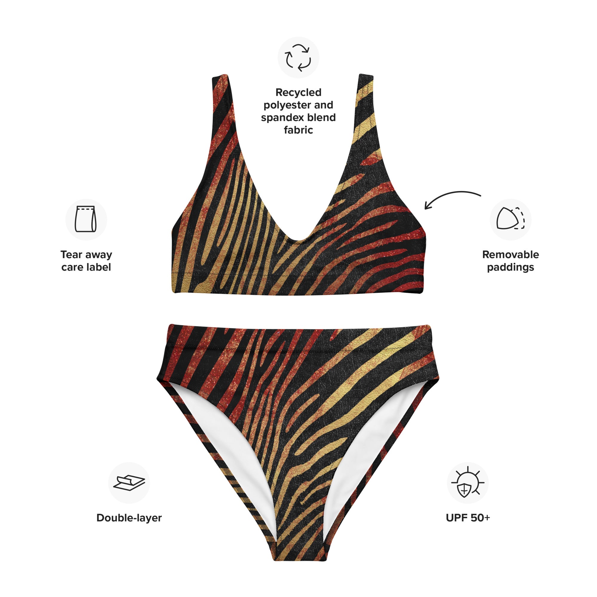 Recycled high waisted bikini safari zebra red and gold