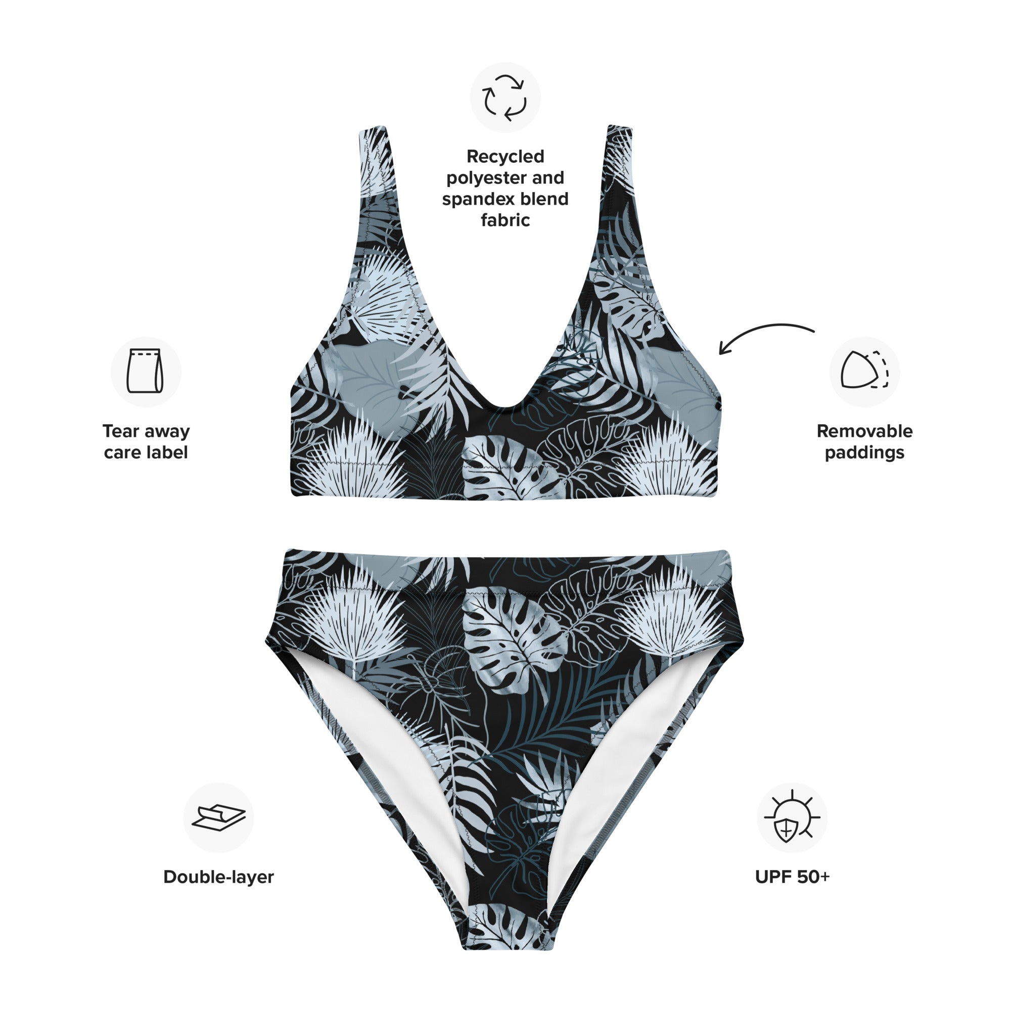 Recycled high waisted bikini tropical black