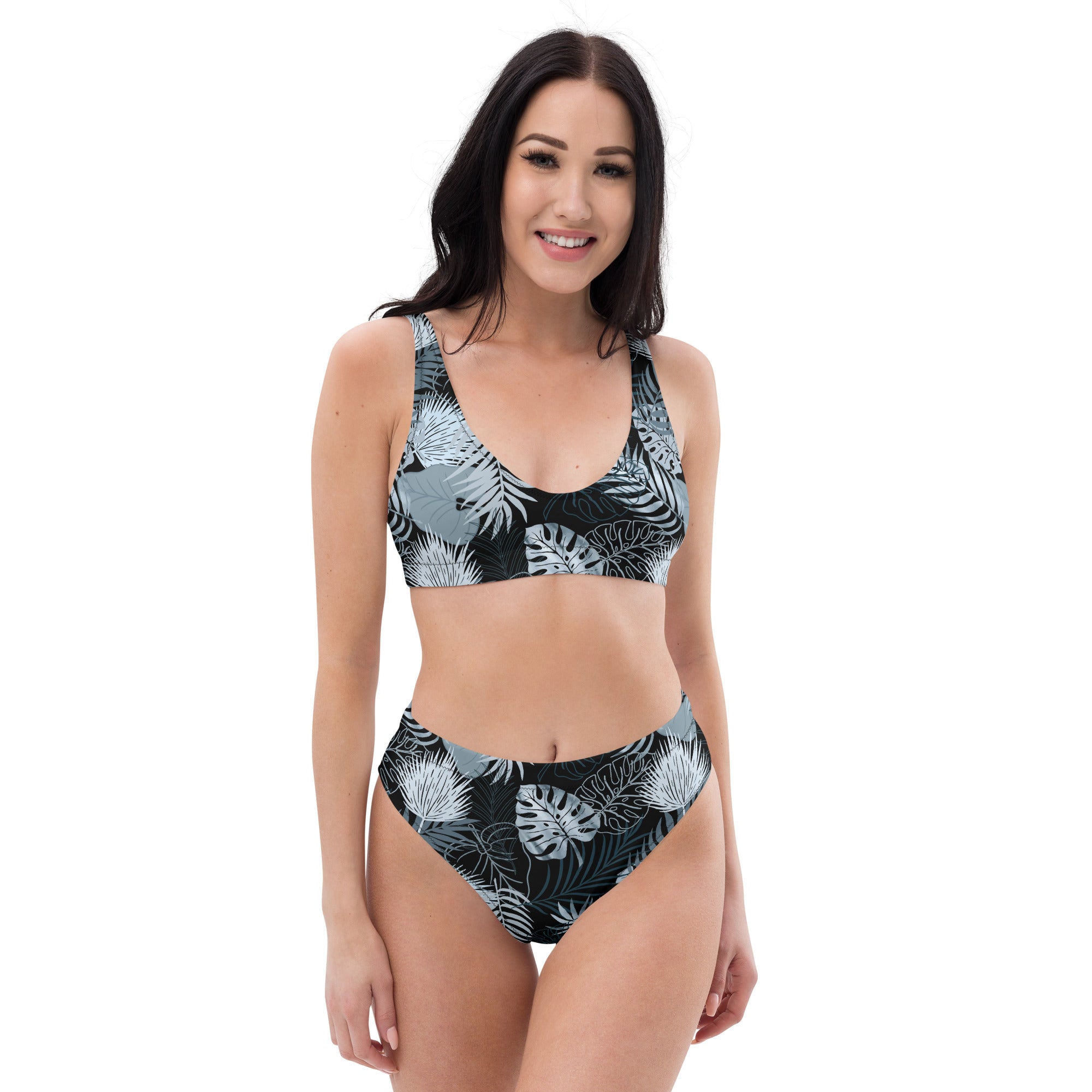 Recycled high waisted bikini tropical black