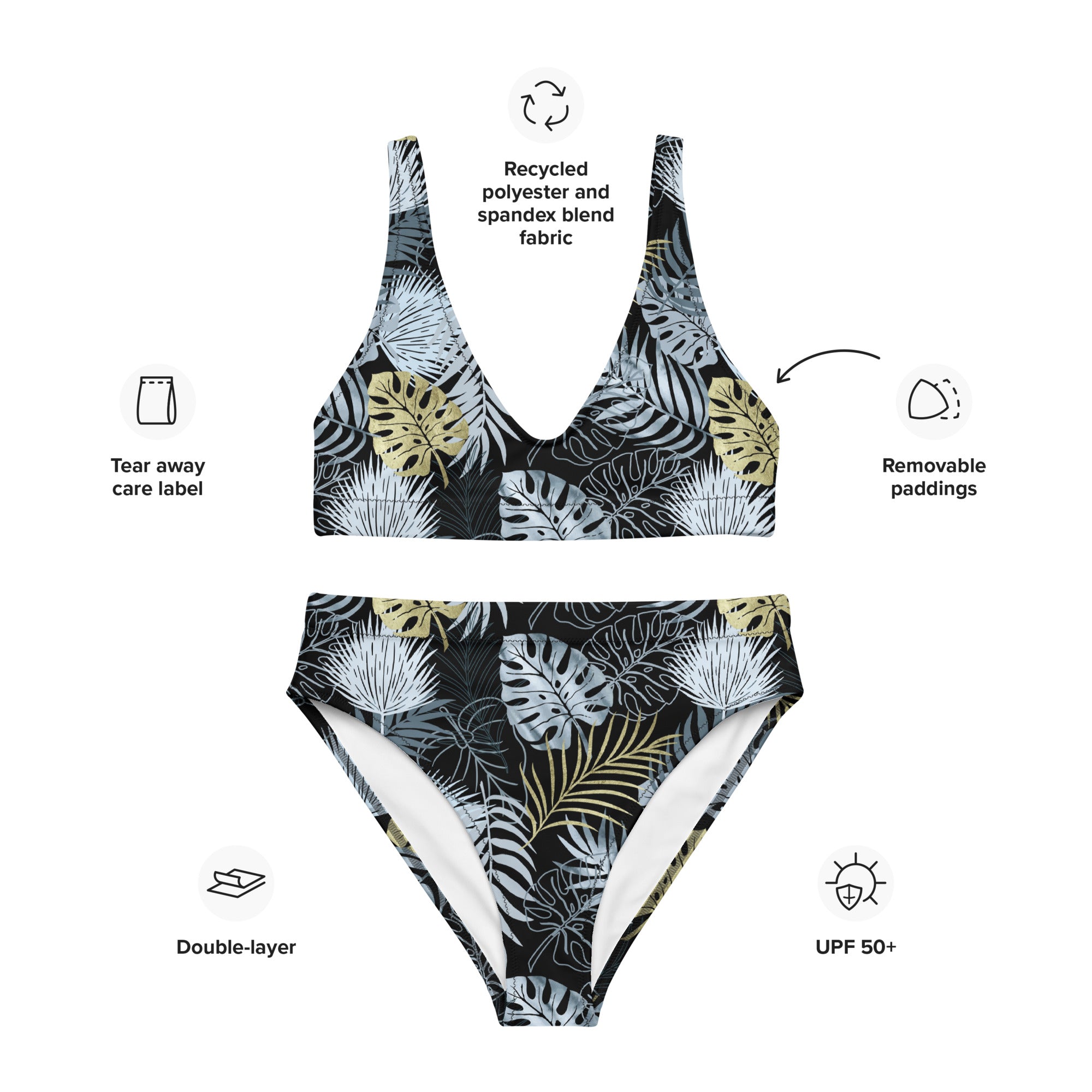 Recycled high waisted bikini tropical black and gold