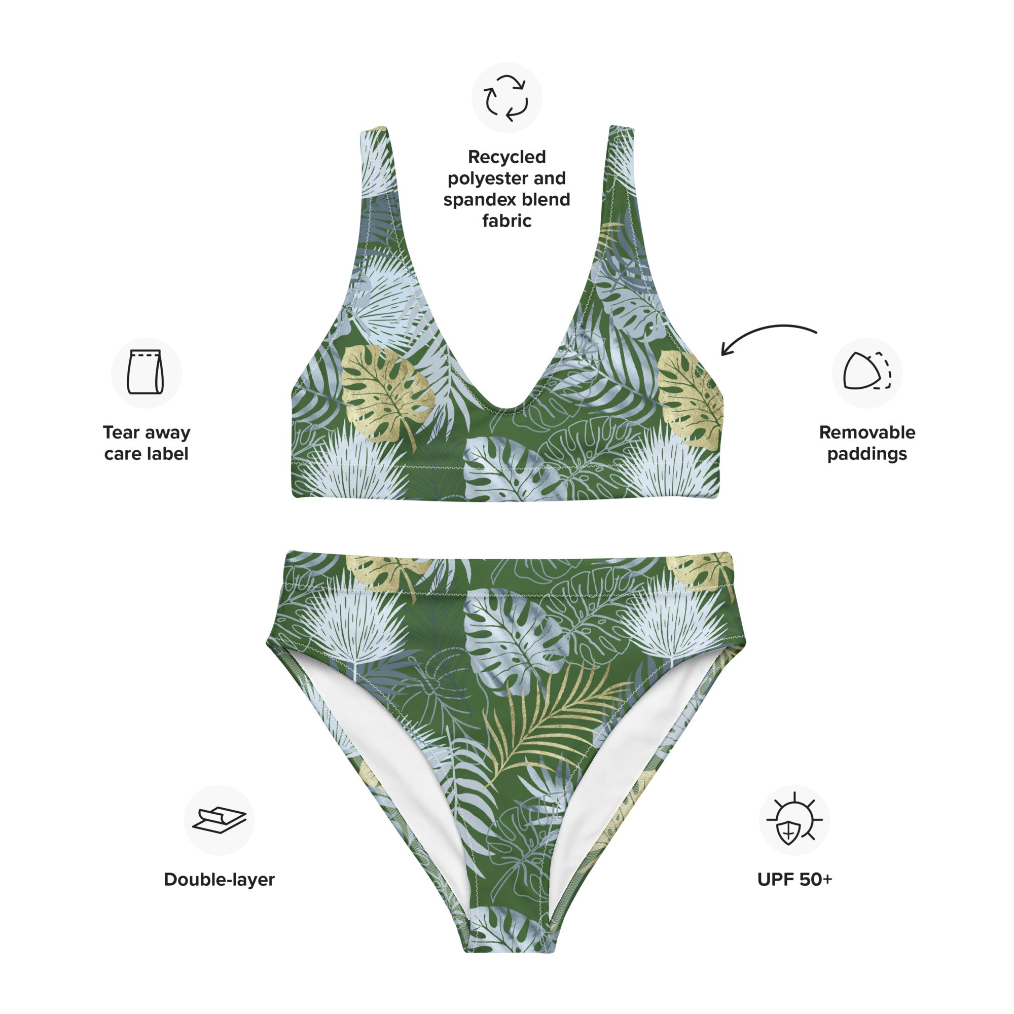 Recycled high waisted bikini tropical green
