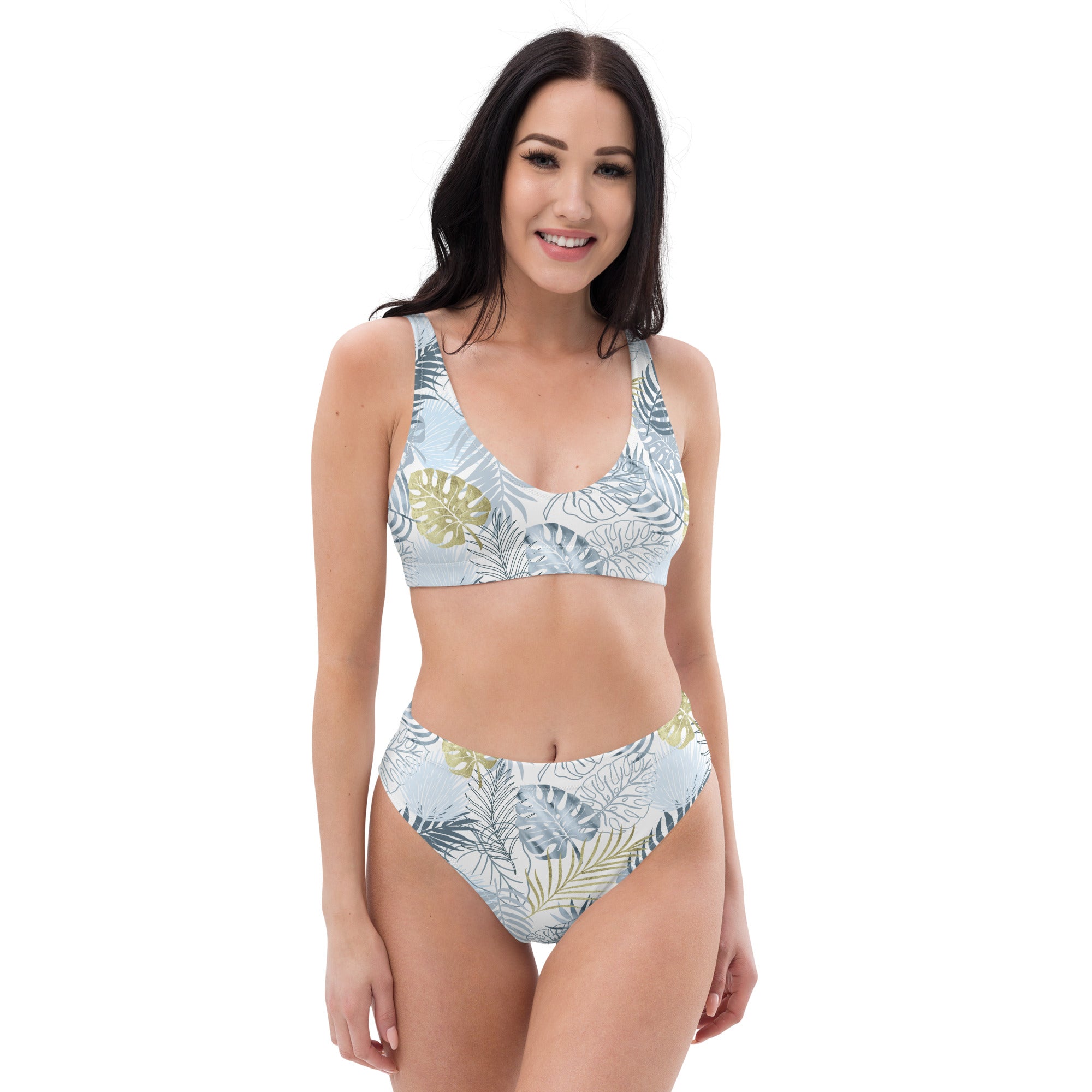 Recycled high waisted bikini tropical leafs white