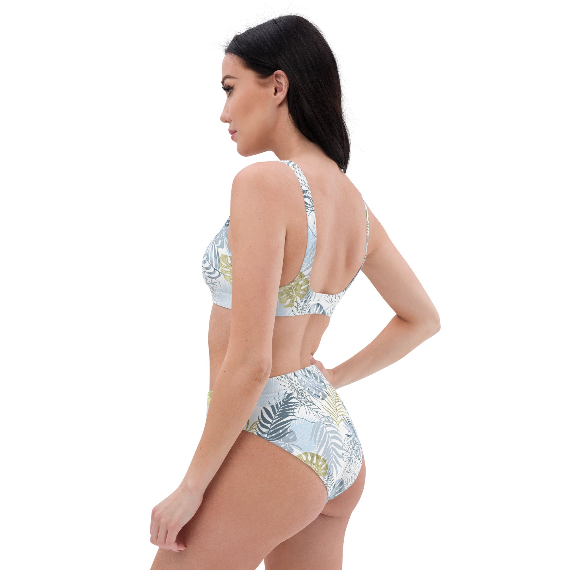 Recycled high waisted bikini tropical leafs white