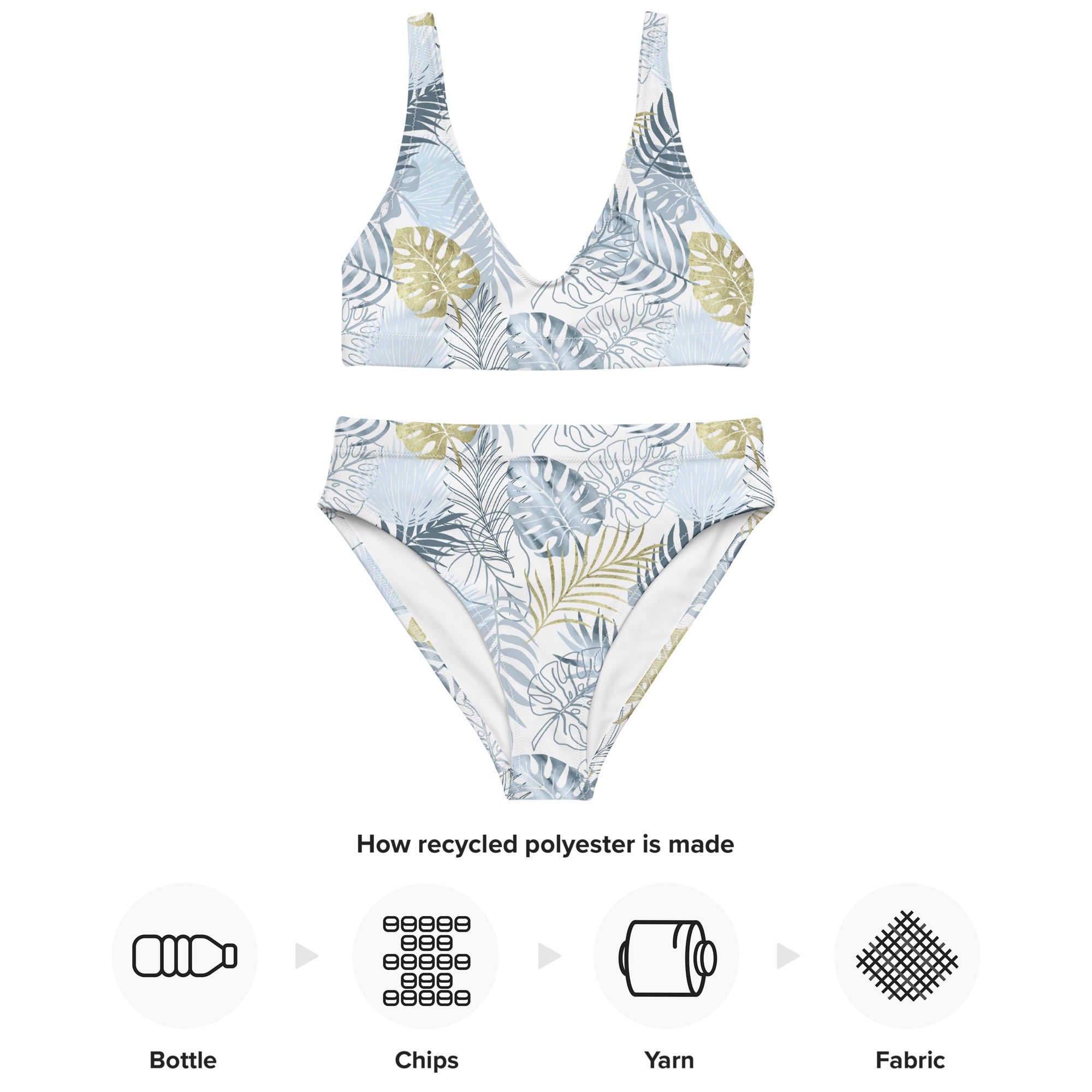 Recycled high waisted bikini tropical leafs white