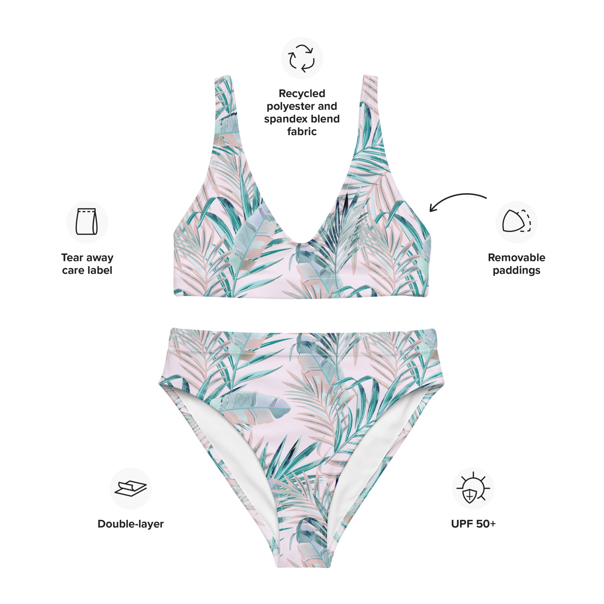 Recycled high waisted bikini TROPICAL PALM Leafs