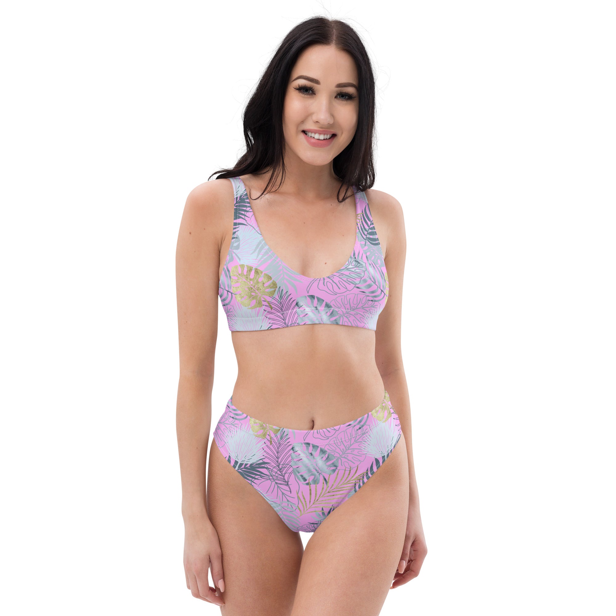 Recycled high waisted bikini tropical pink