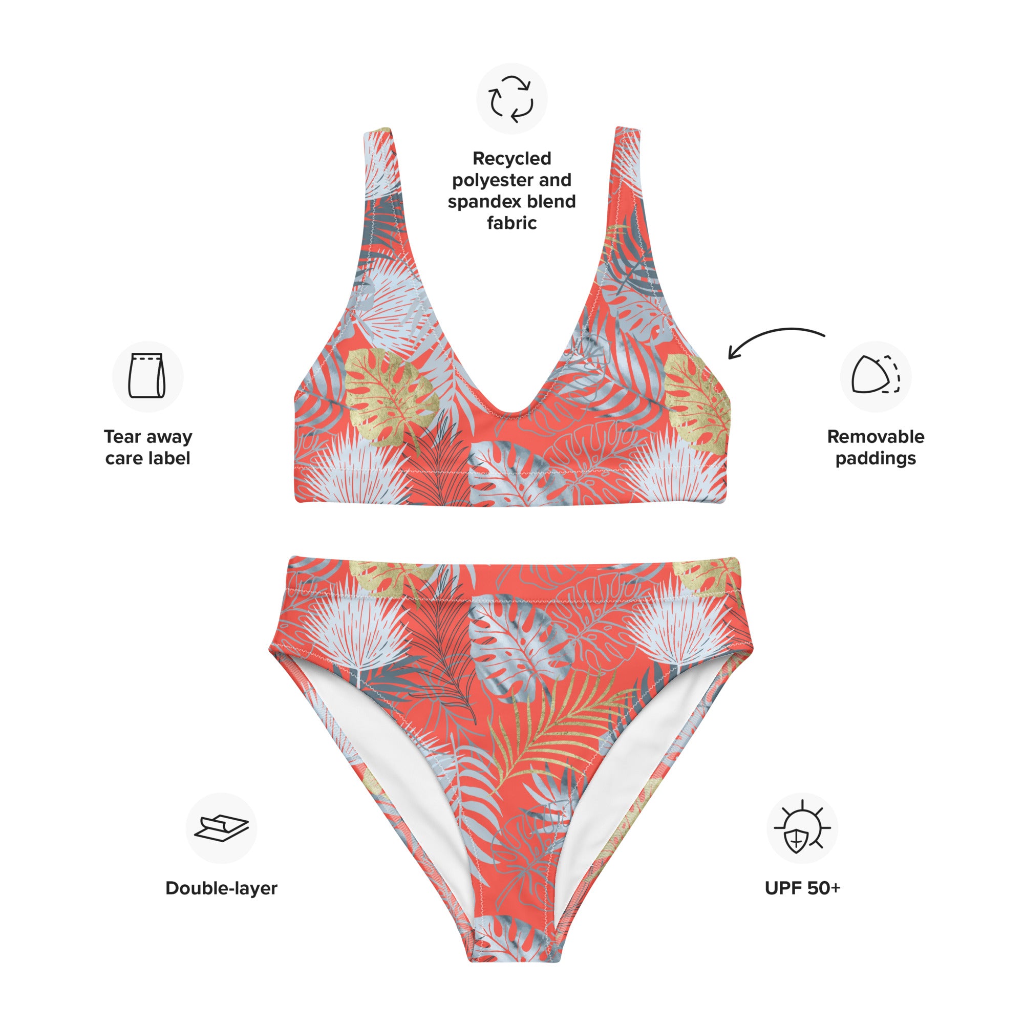 Recycled high waisted bikini tropical red