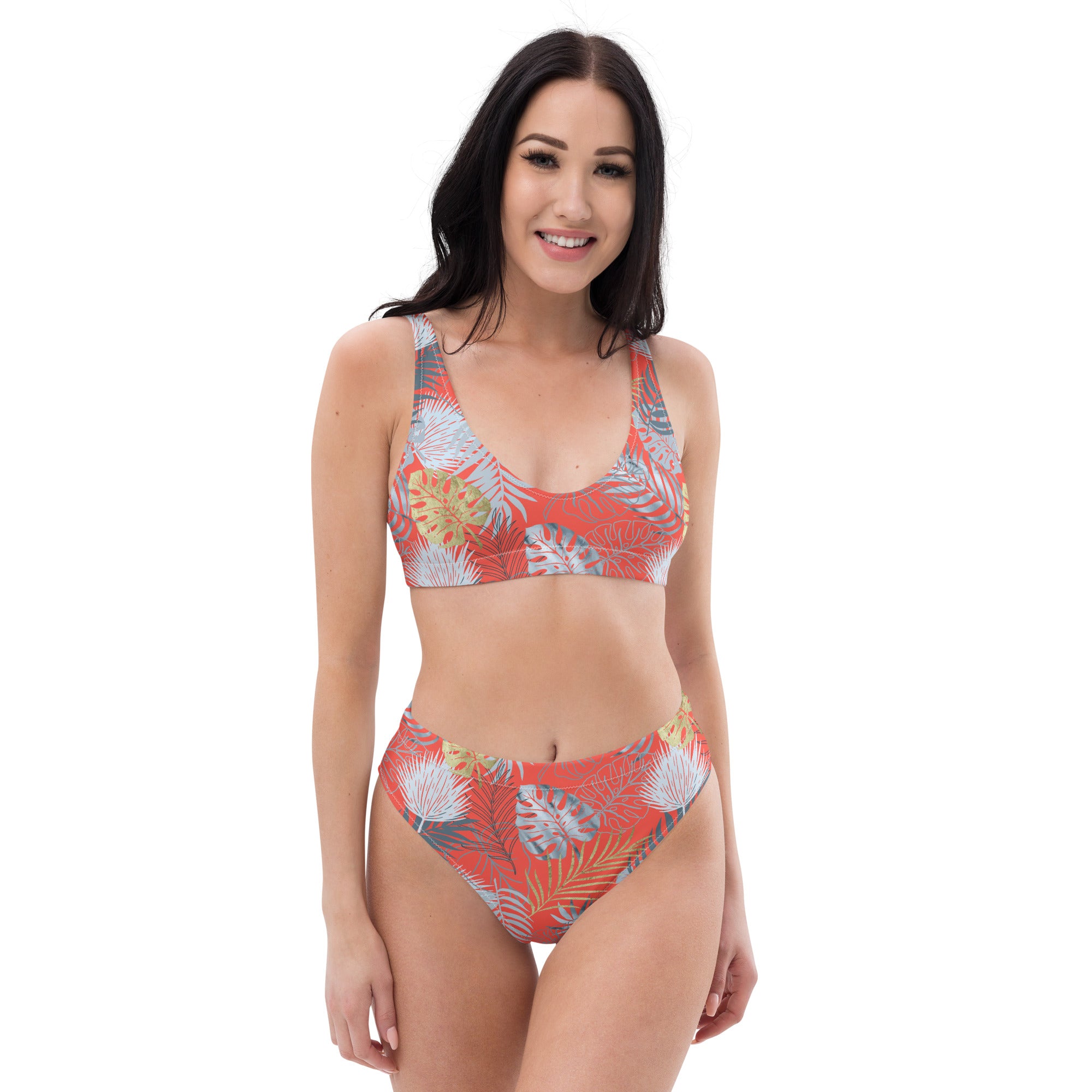 Recycled high waisted bikini tropical red