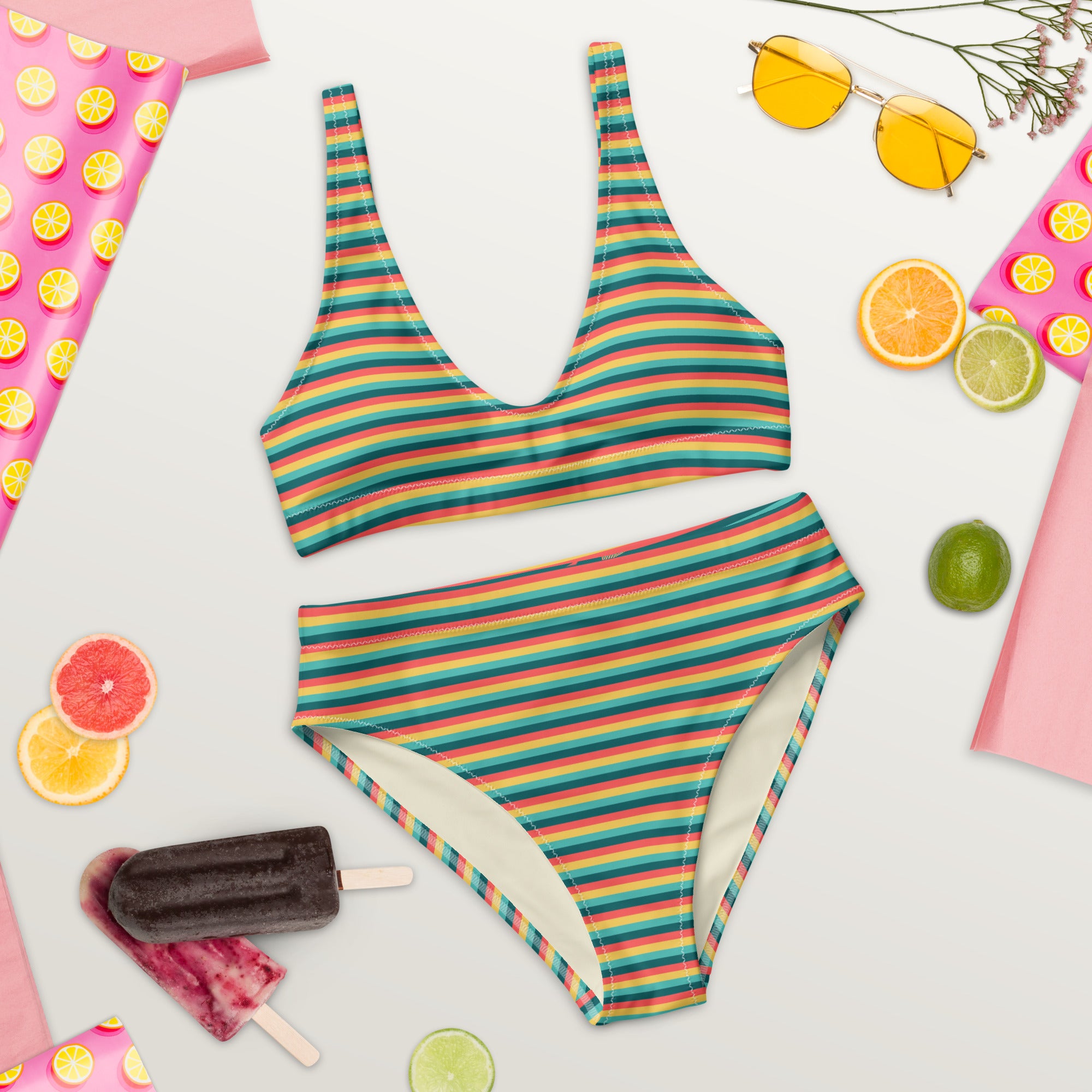 Recycled High Waisted Colorful Striped Bikini X