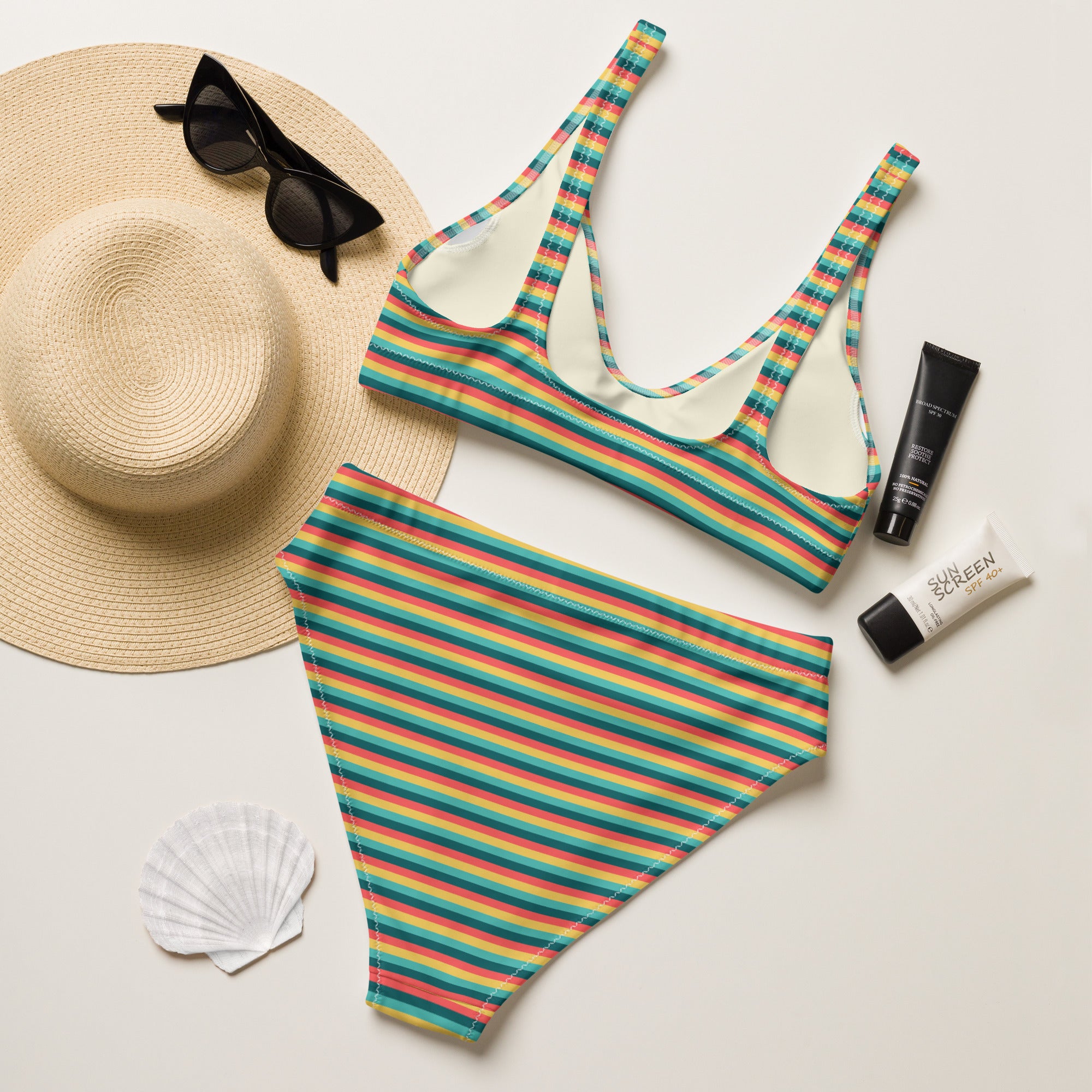 Recycled High Waisted Colorful Striped Bikini X
