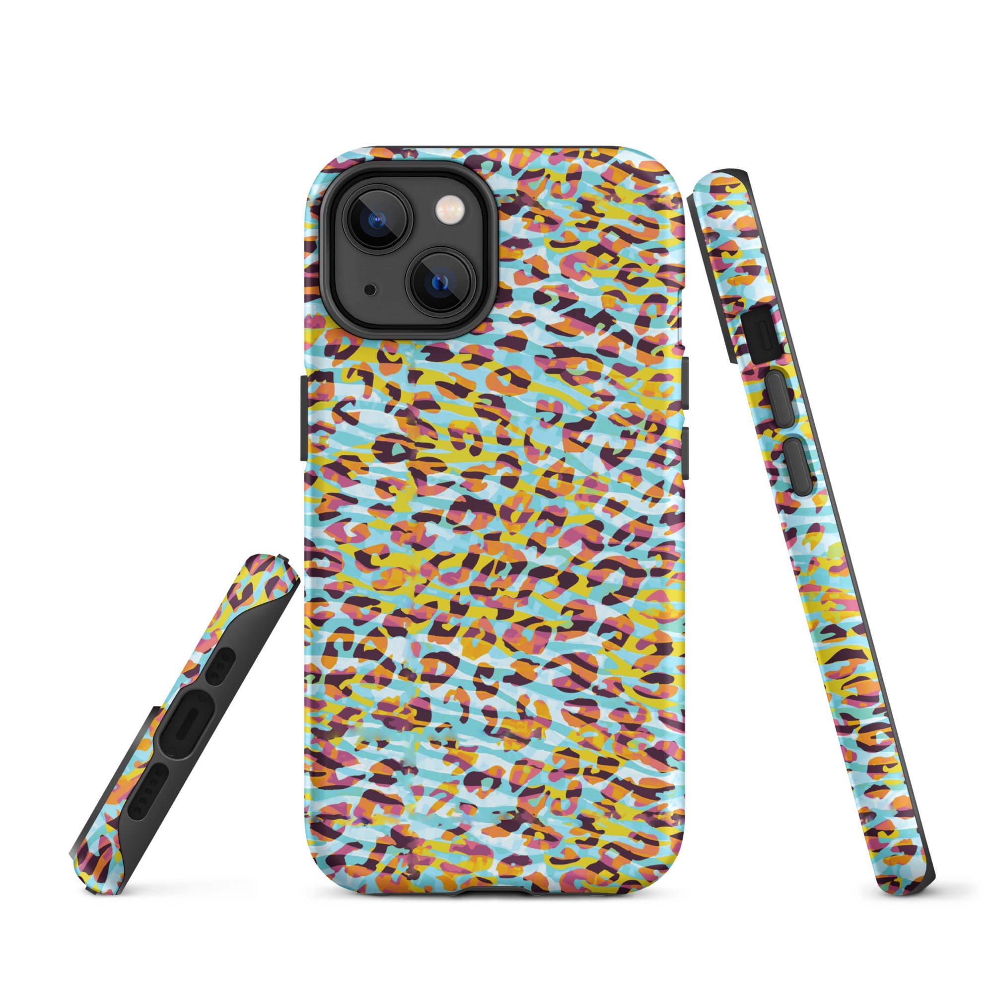 Tough Case for iPhone® Zebra and Leopard Print Cyan with Yellow