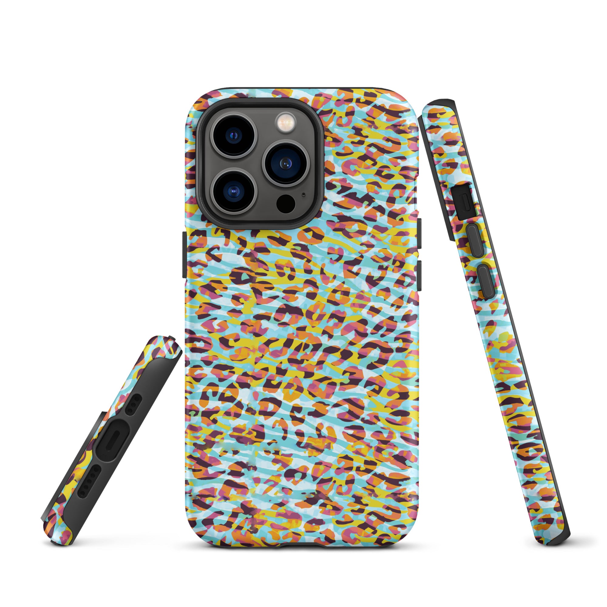 Tough Case for iPhone® Zebra and Leopard Print Cyan with Yellow
