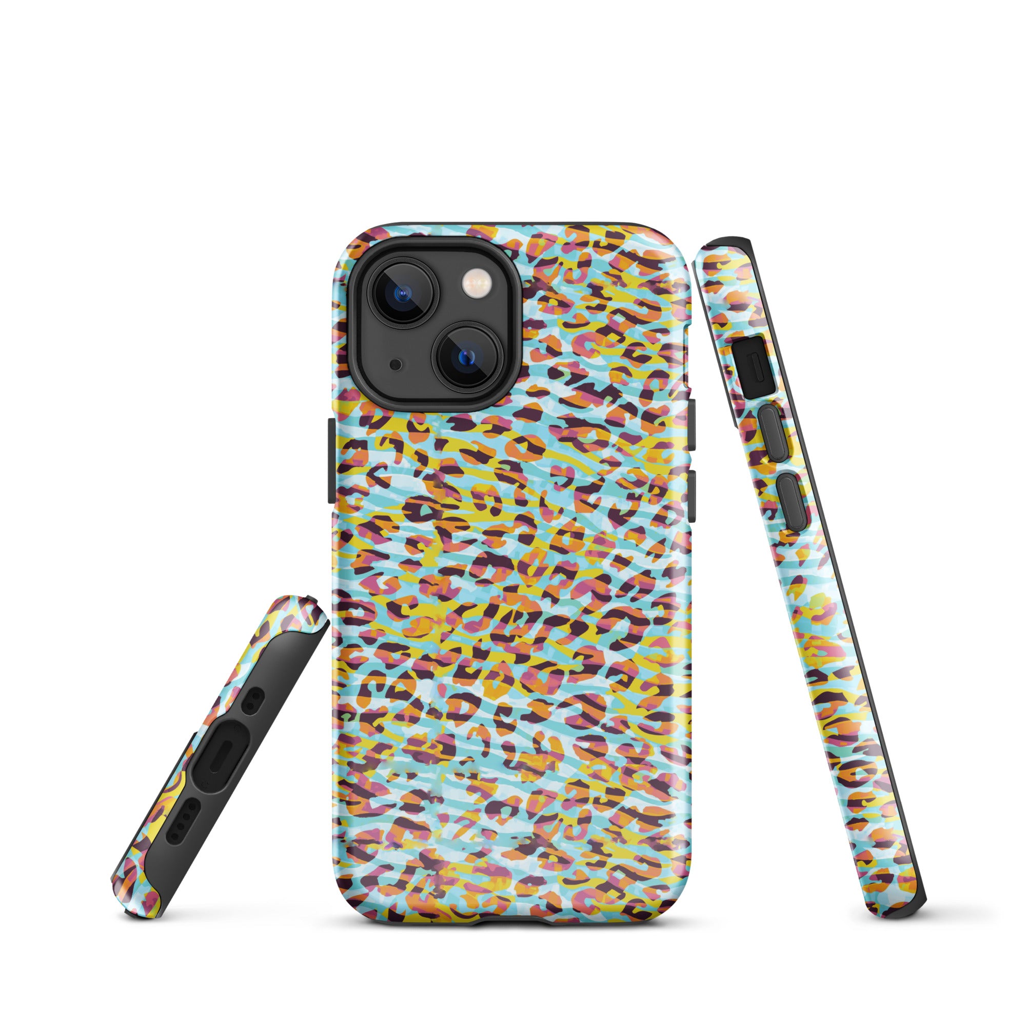 Tough Case for iPhone® Zebra and Leopard Print Cyan with Yellow