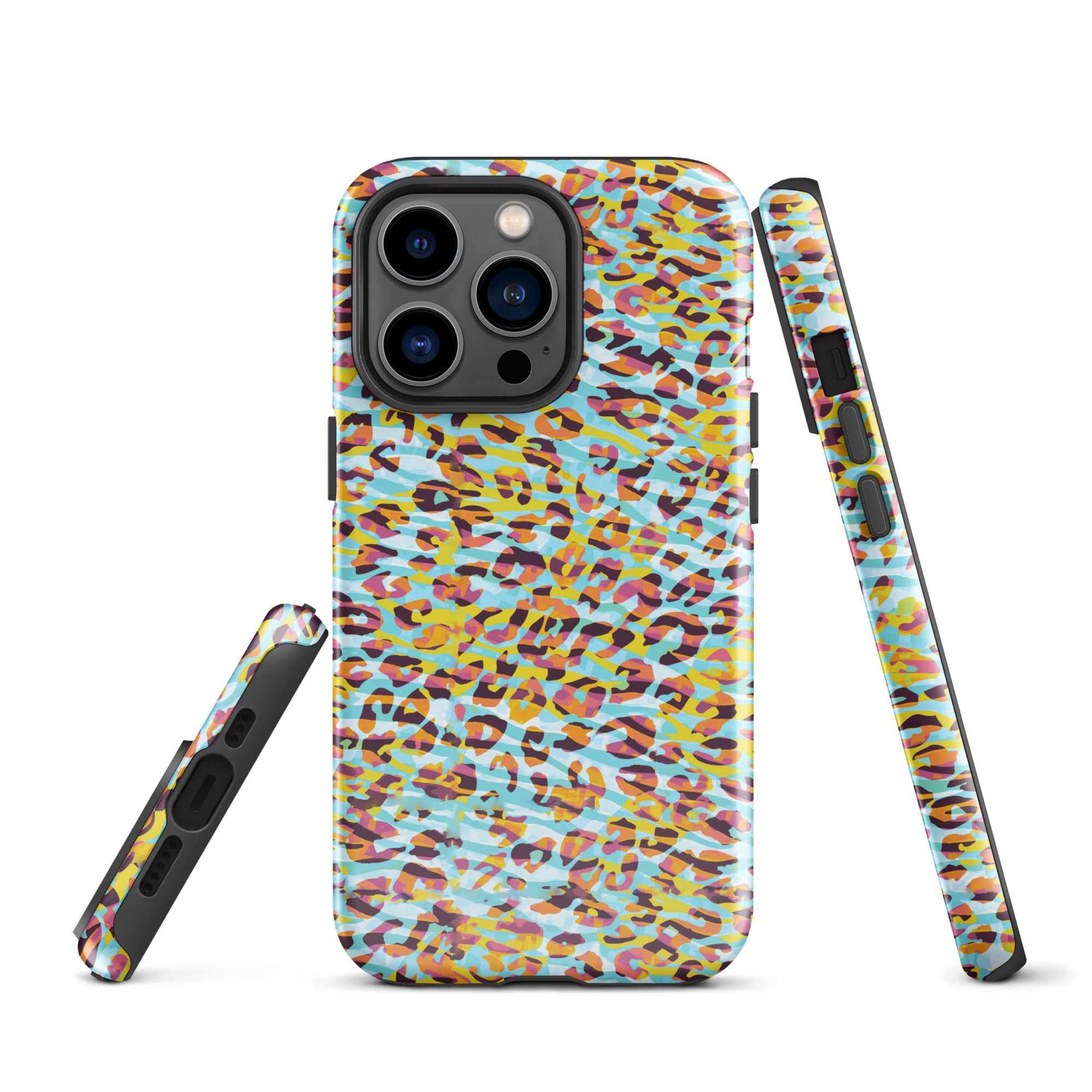 Tough Case for iPhone® Zebra and Leopard Print Cyan with Yellow