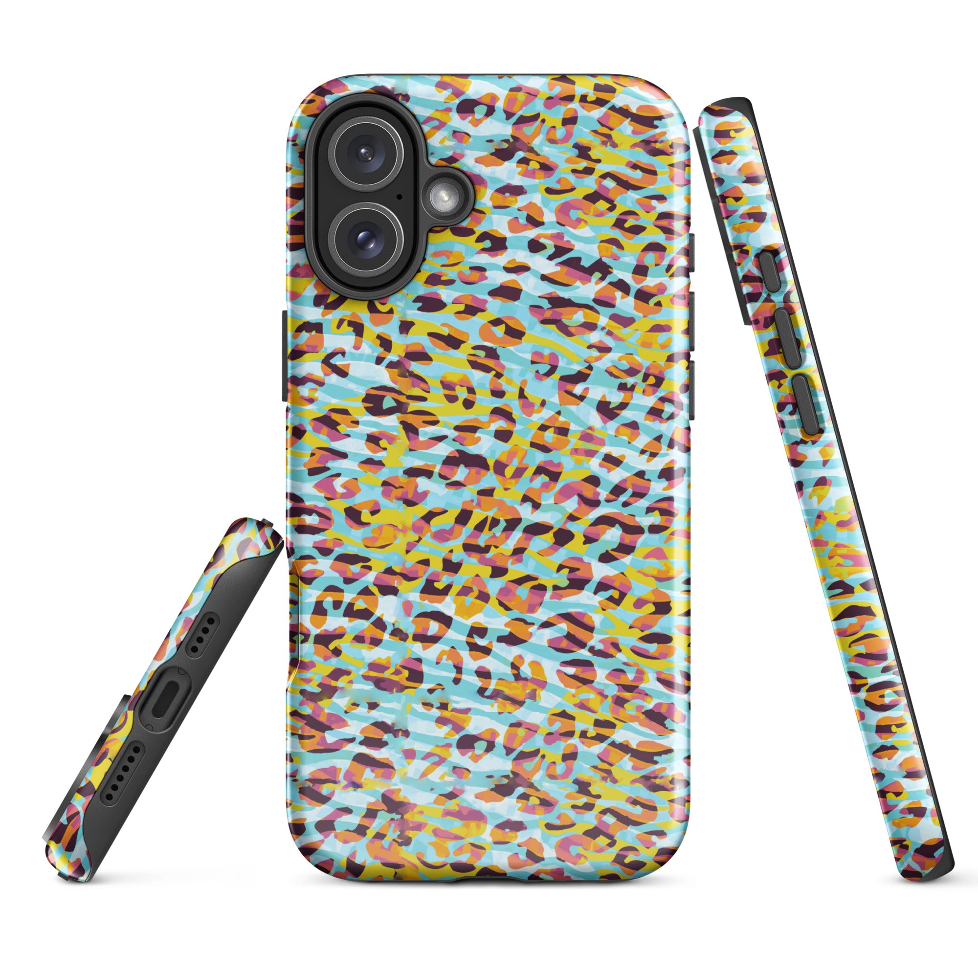 Tough Case for iPhone® Zebra and Leopard Print Cyan with Yellow
