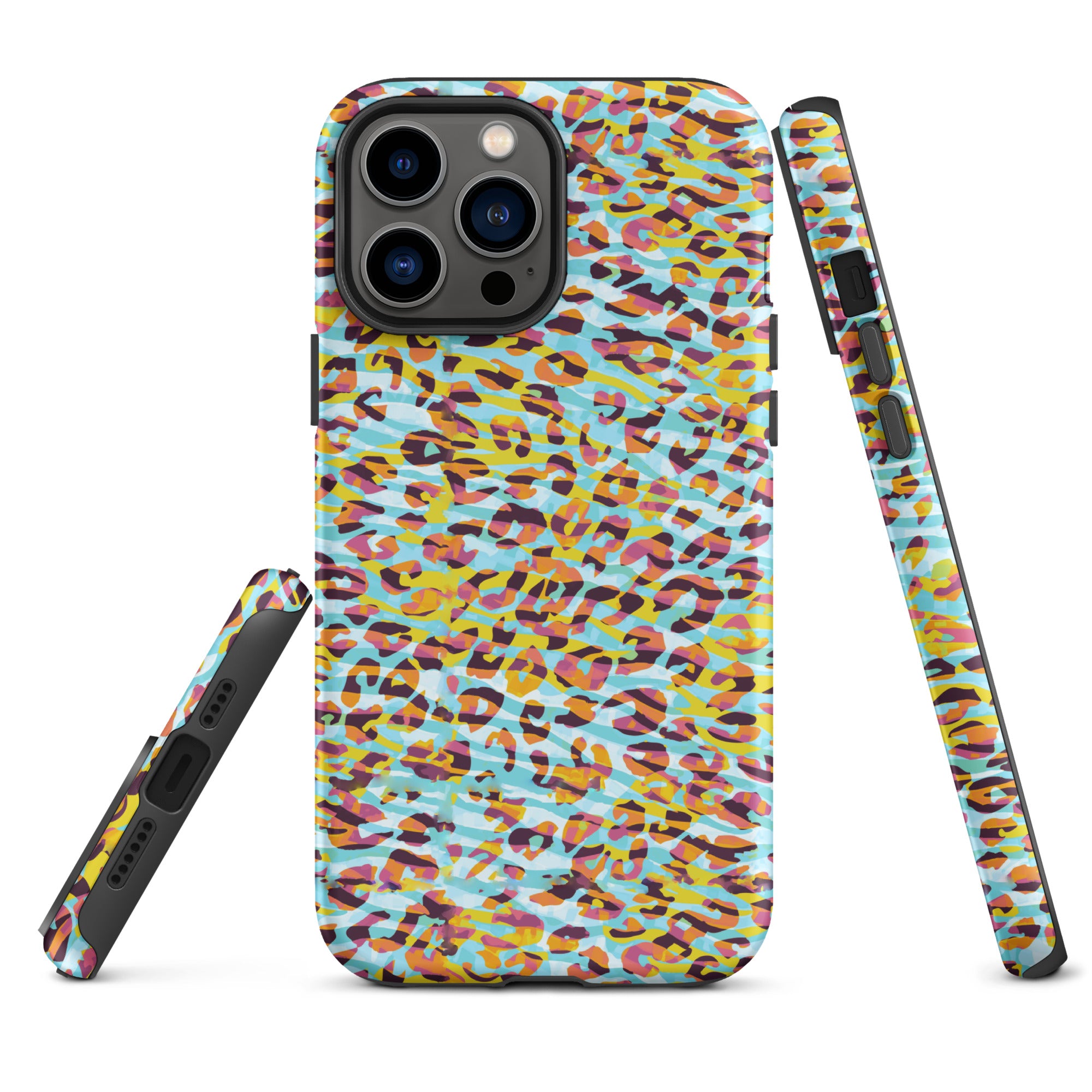 Tough Case for iPhone® Zebra and Leopard Print Cyan with Yellow