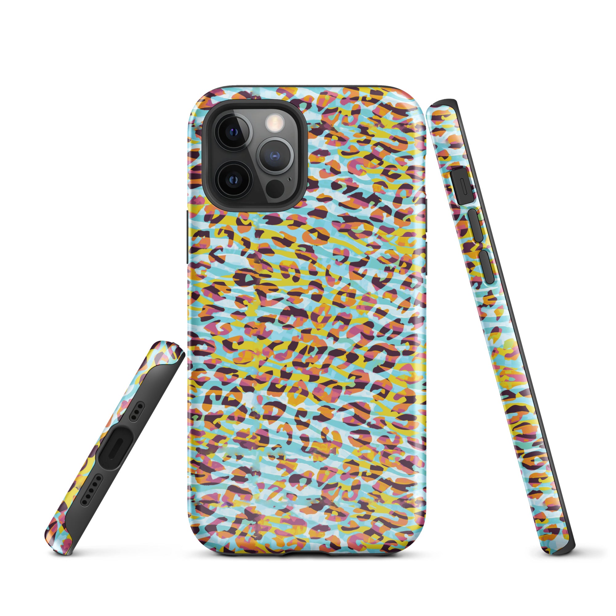 Tough Case for iPhone® Zebra and Leopard Print Cyan with Yellow
