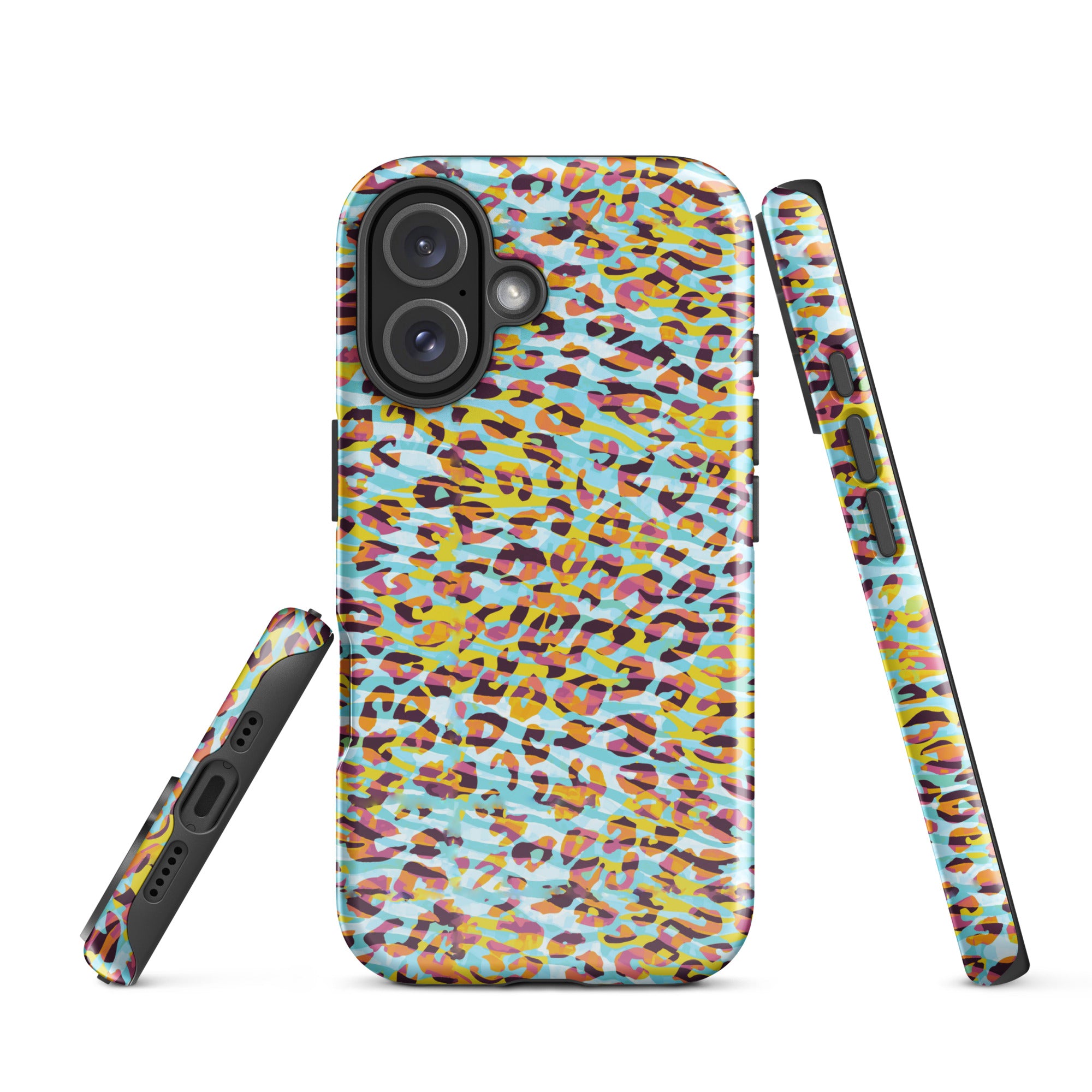 Tough Case for iPhone® Zebra and Leopard Print Cyan with Yellow
