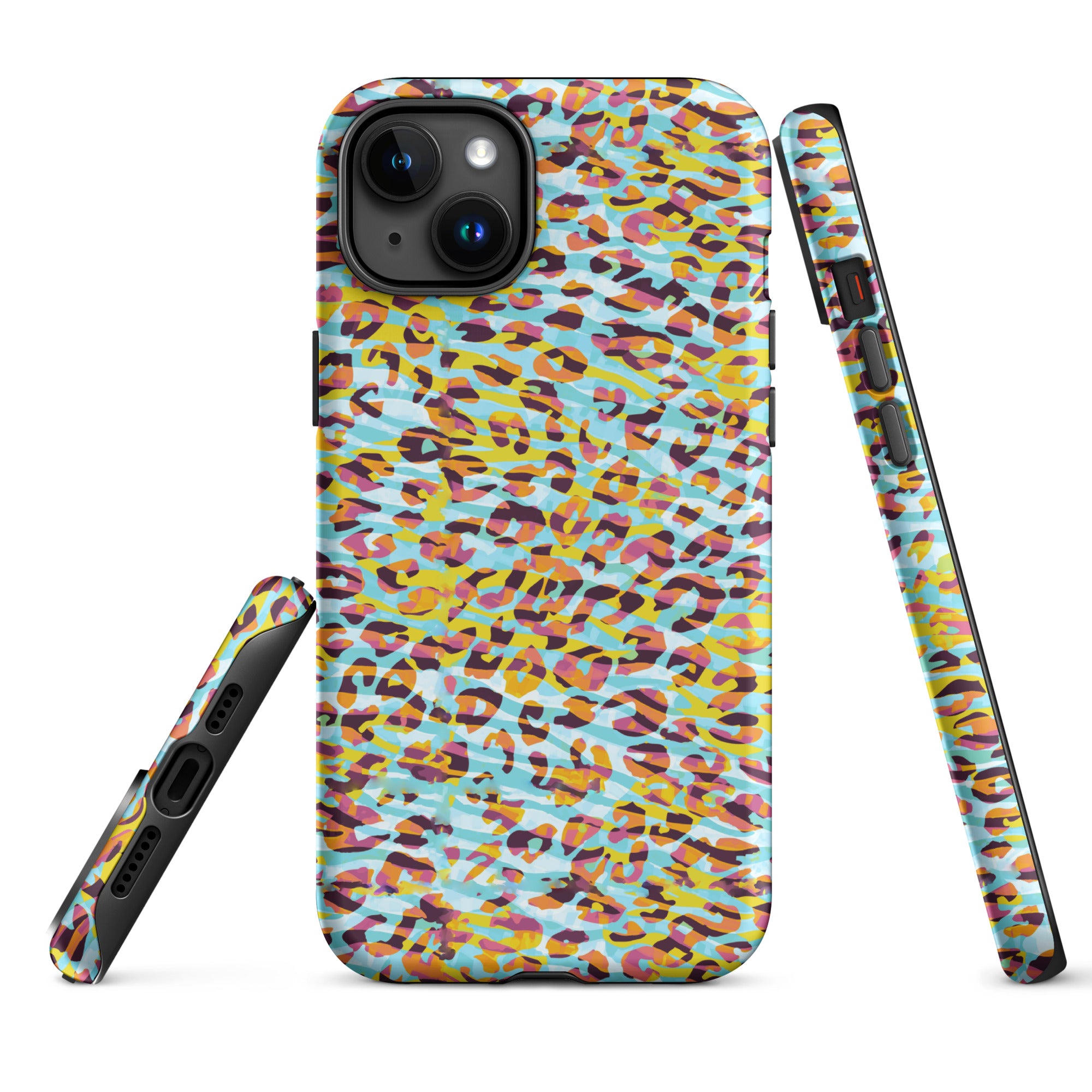 Tough Case for iPhone® Zebra and Leopard Print Cyan with Yellow