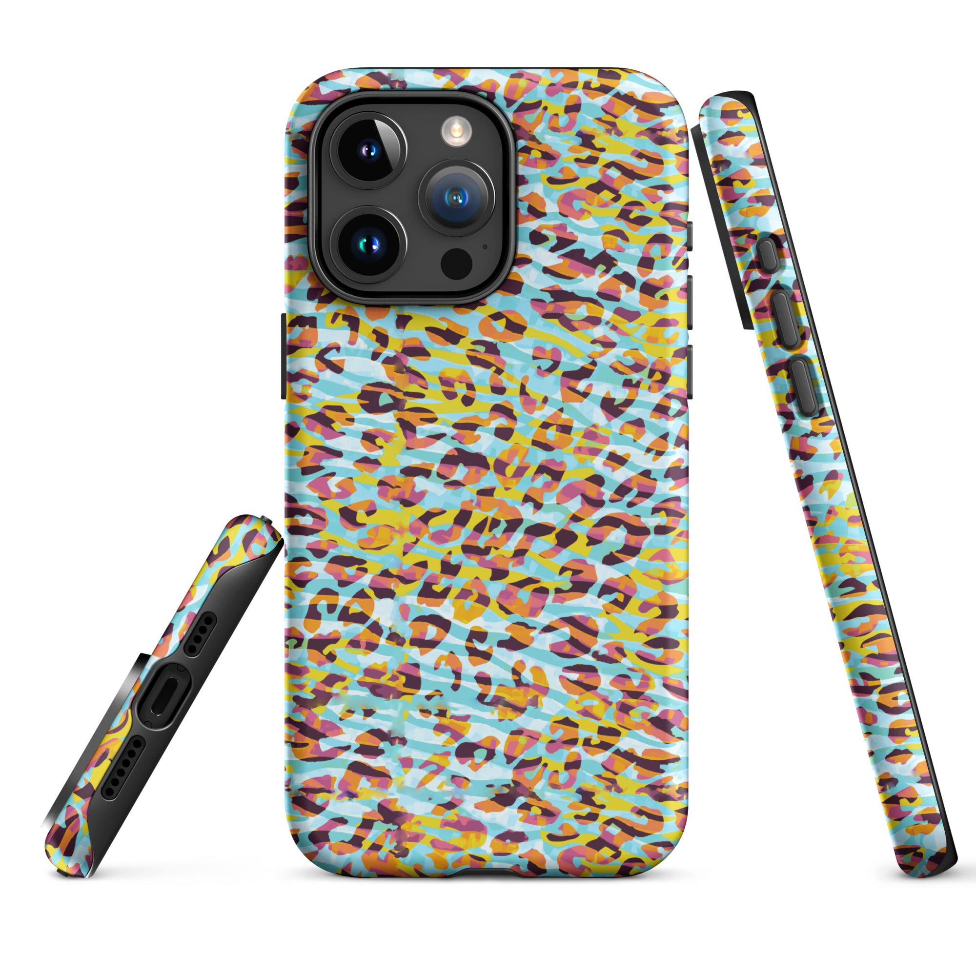 Tough Case for iPhone® Zebra and Leopard Print Cyan with Yellow