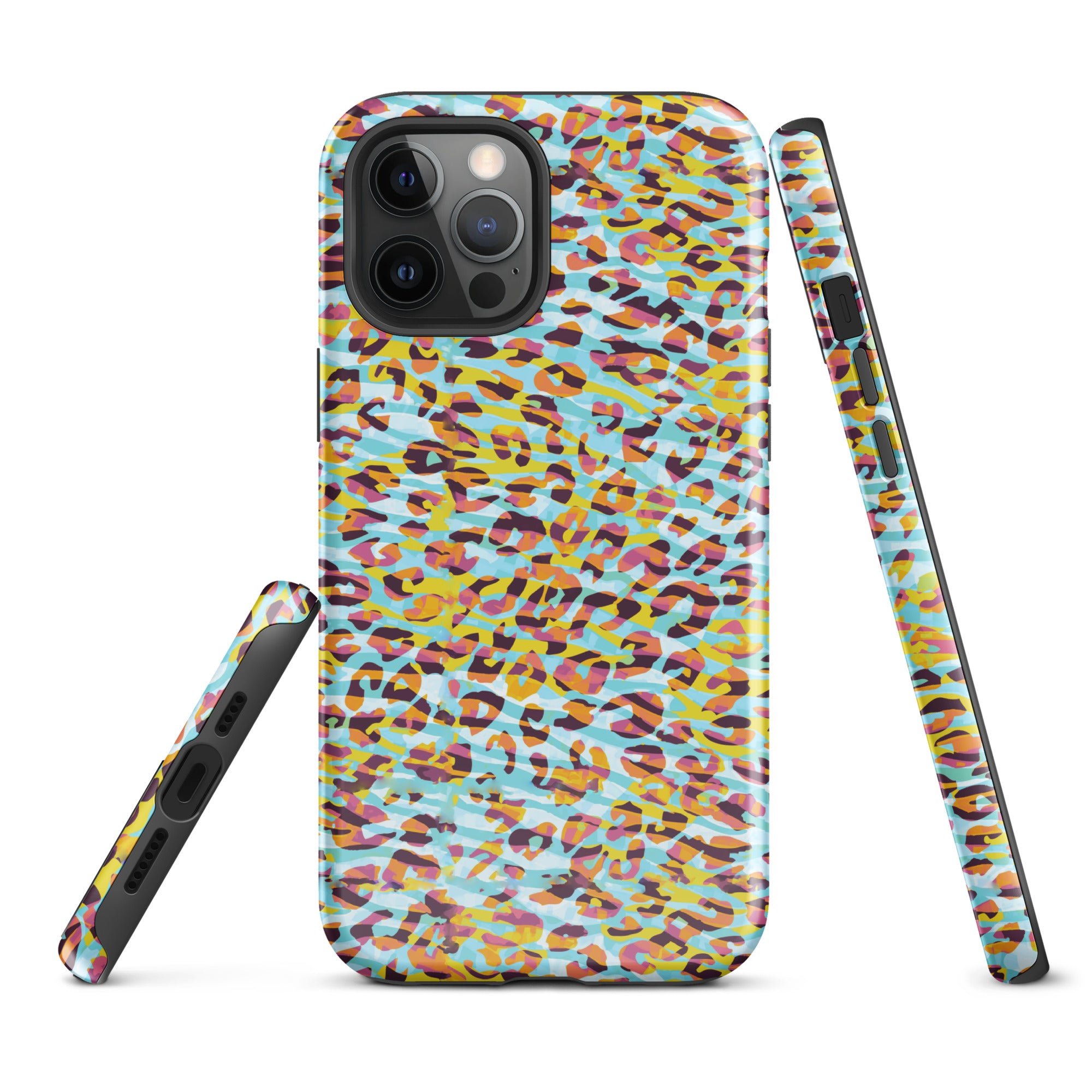 Tough Case for iPhone® Zebra and Leopard Print Cyan with Yellow