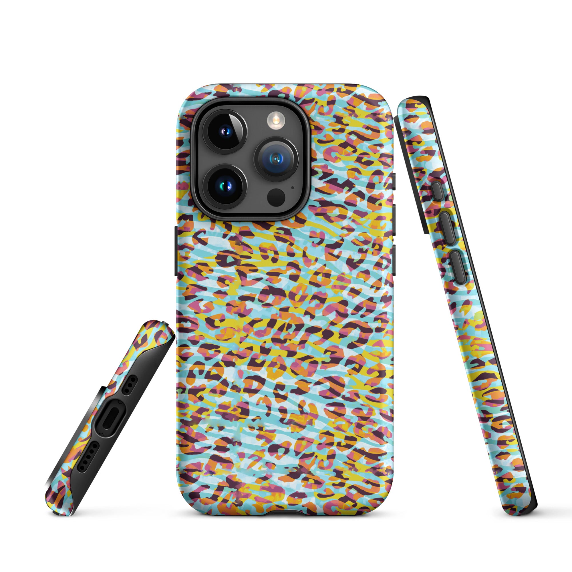 Tough Case for iPhone® Zebra and Leopard Print Cyan with Yellow