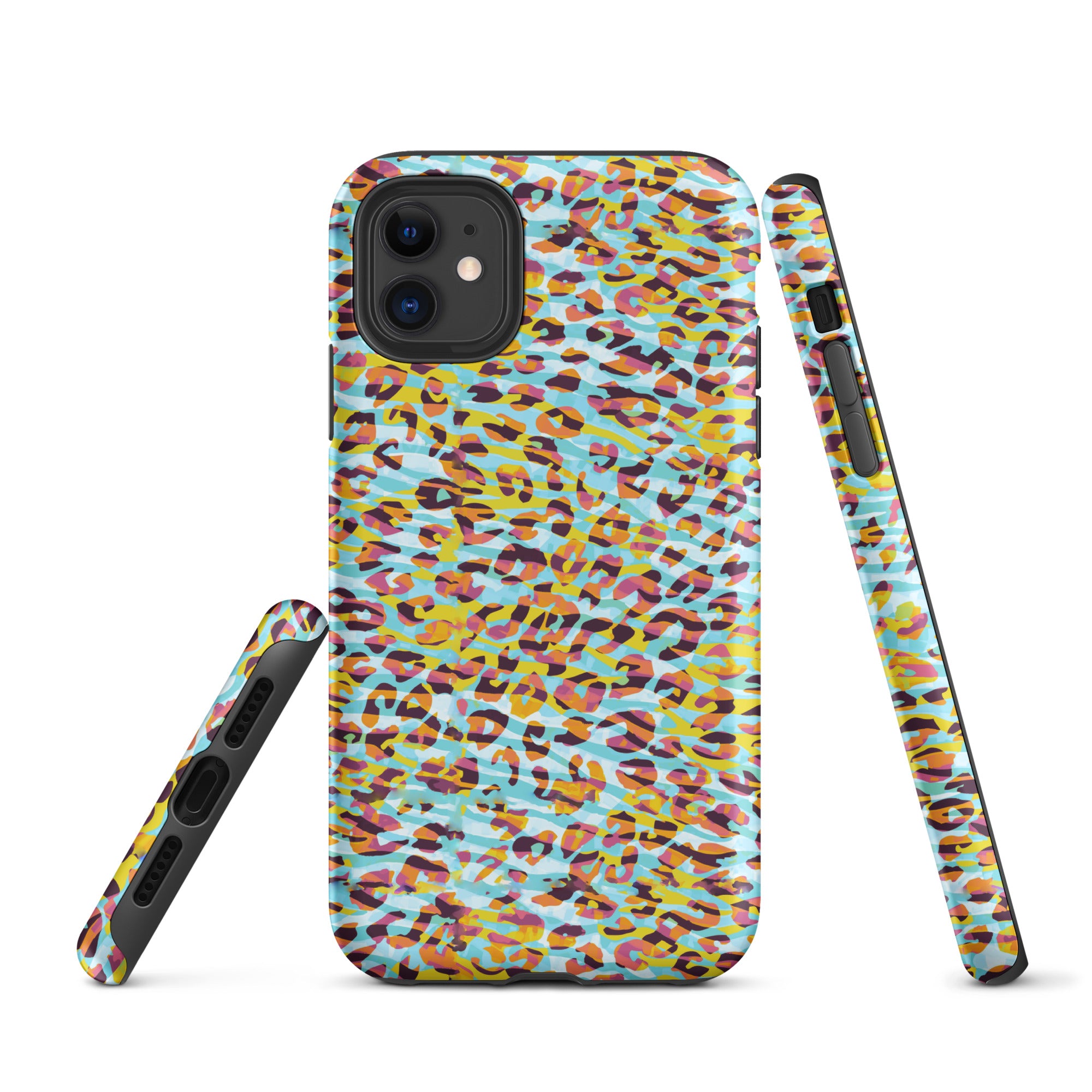Tough Case for iPhone® Zebra and Leopard Print Cyan with Yellow