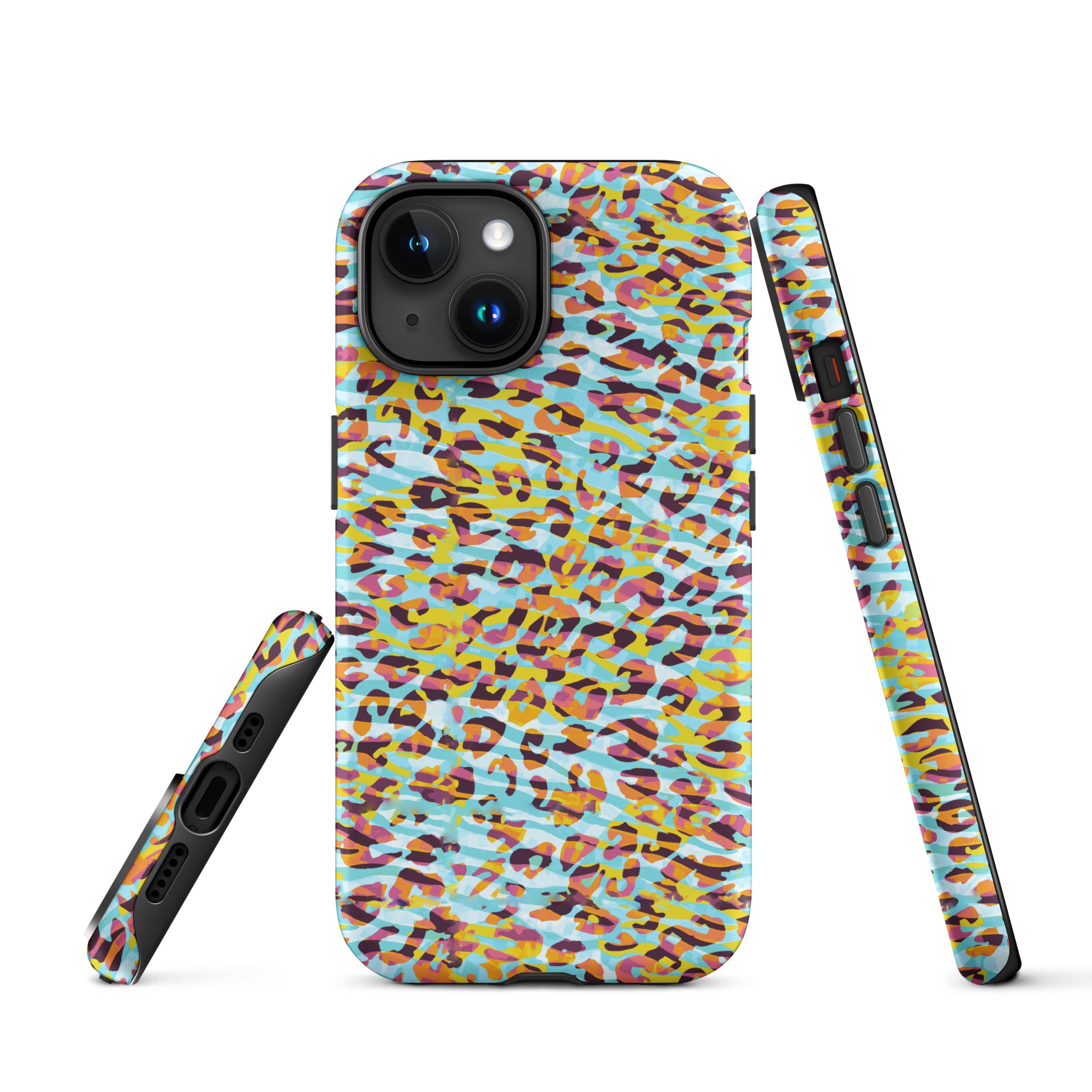 Tough Case for iPhone® Zebra and Leopard Print Cyan with Yellow