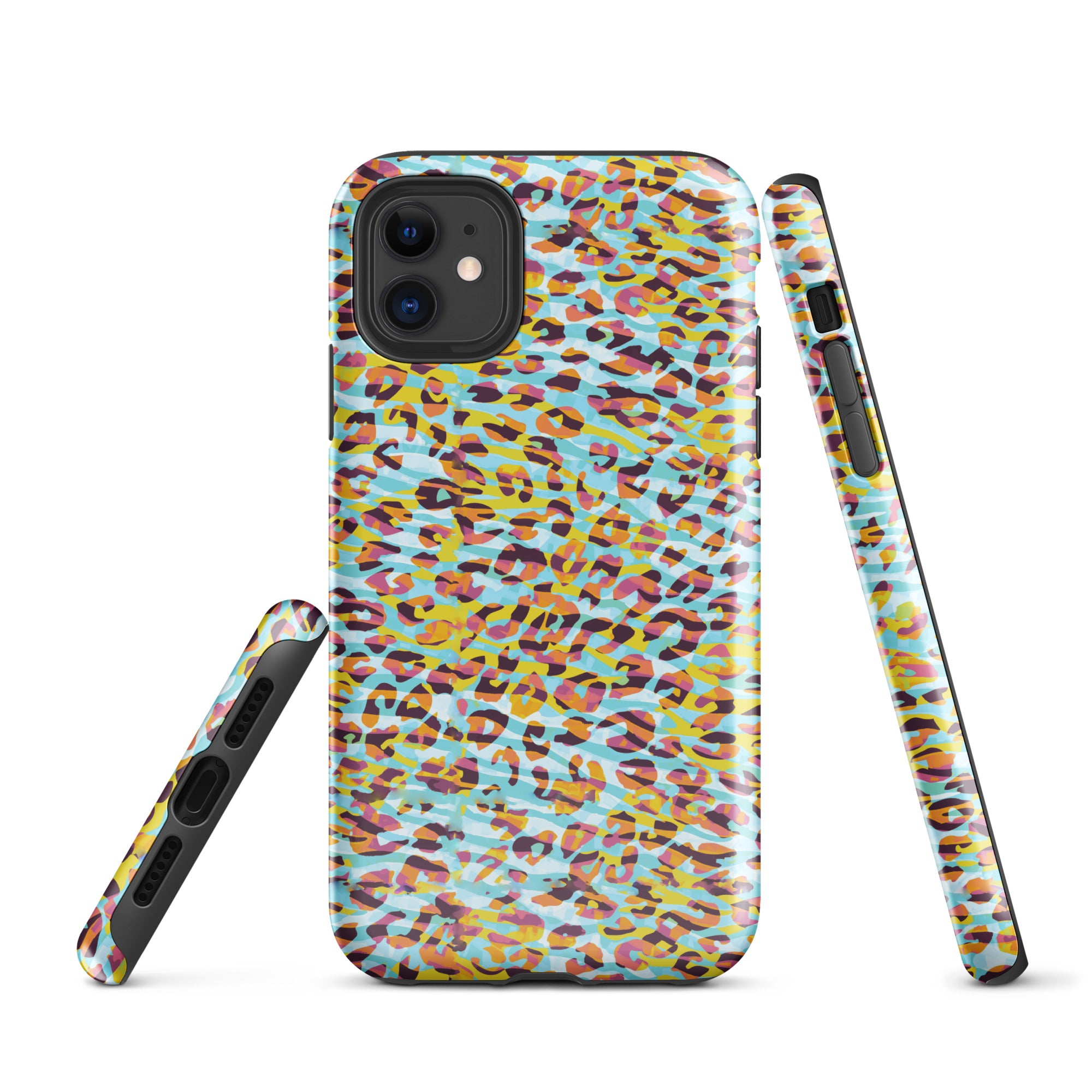 Tough Case for iPhone® Zebra and Leopard Print Cyan with Yellow