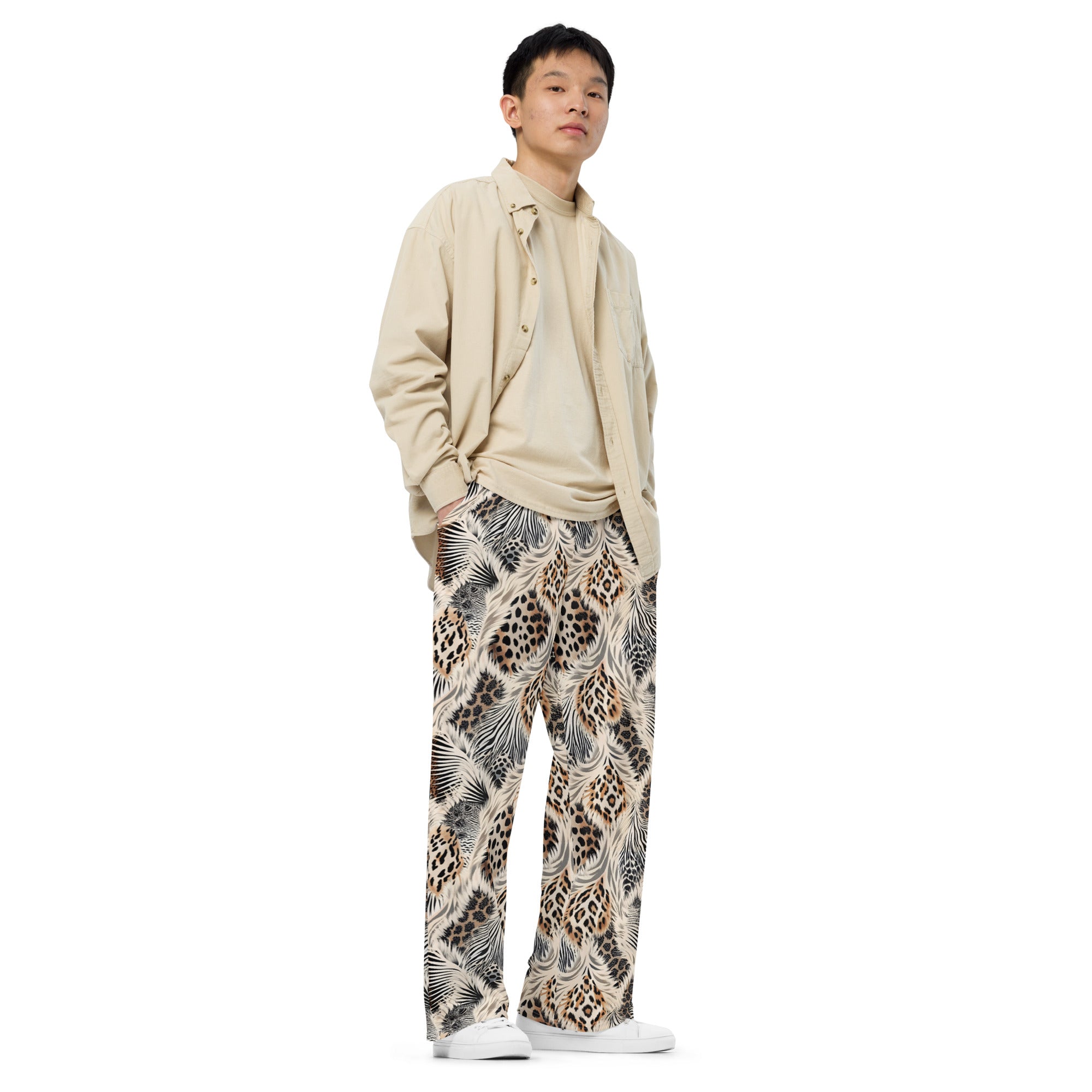 unisex wide leg pants Artsy Animal Print Design I