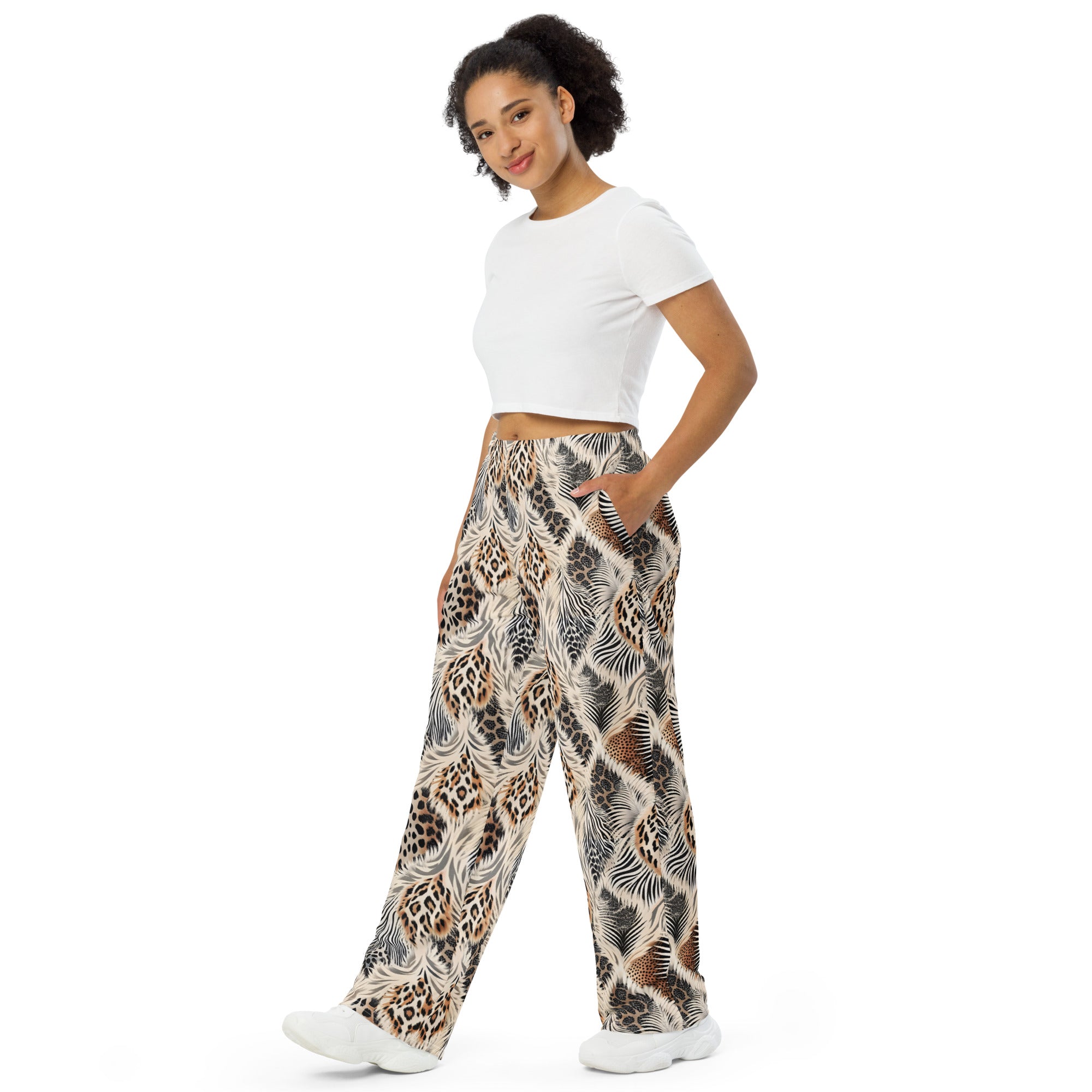 unisex wide leg pants Artsy Animal Print Design I