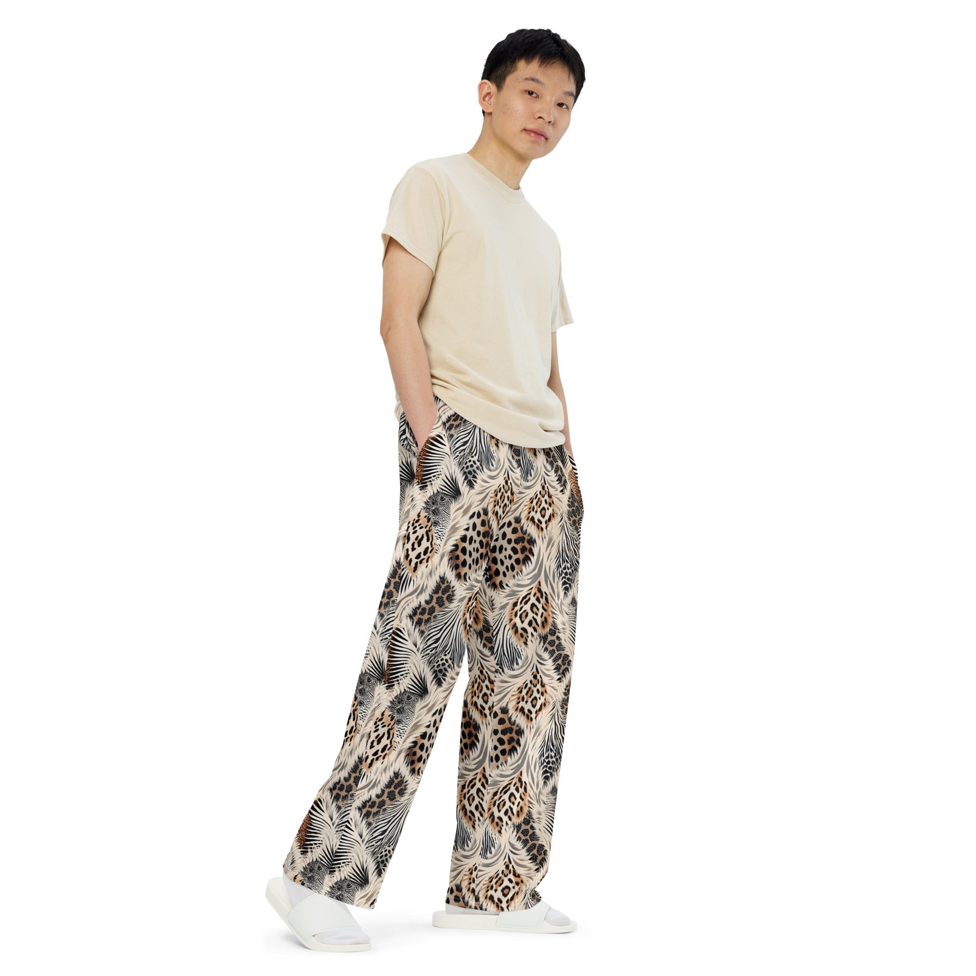unisex wide leg pants Artsy Animal Print Design I