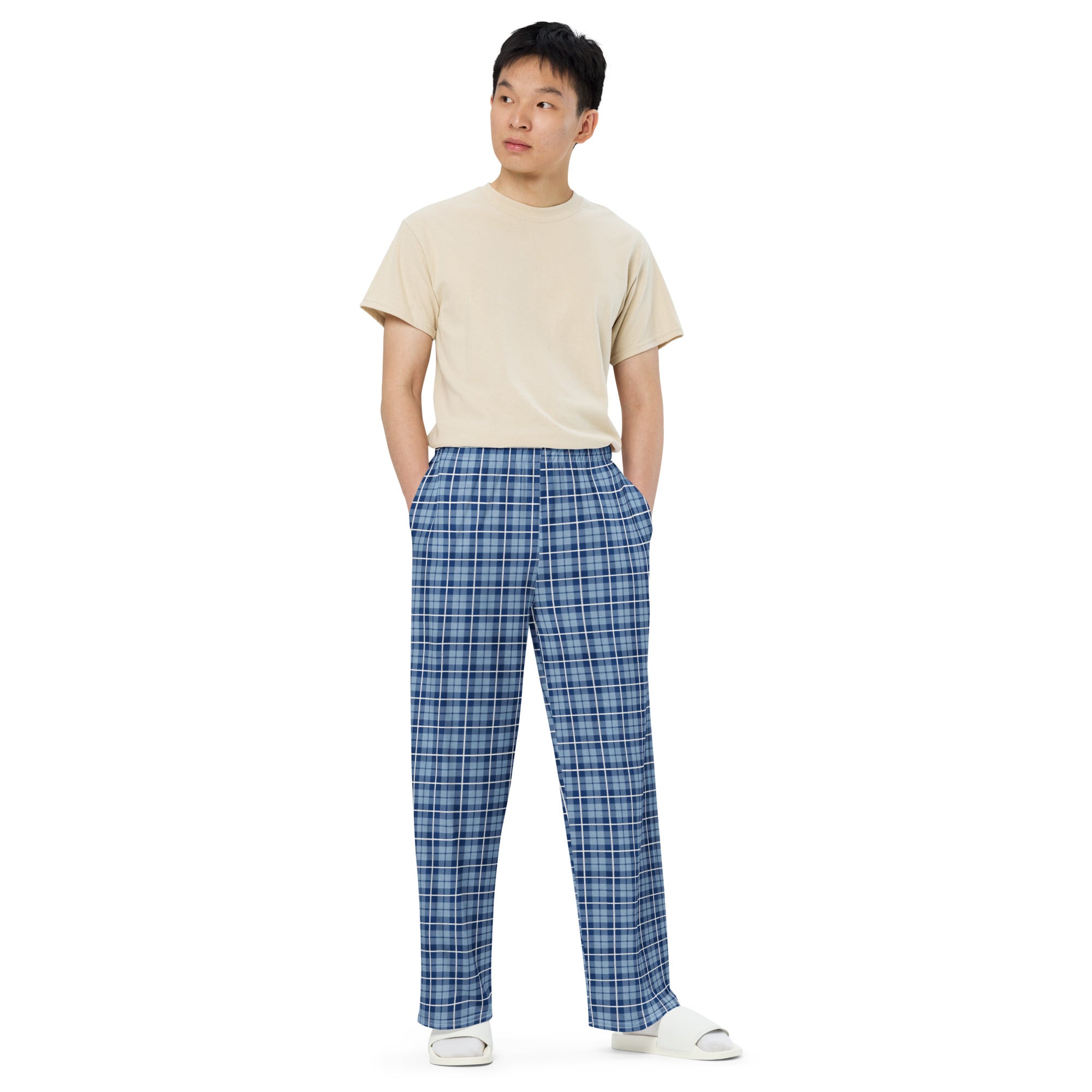 unisex wide leg pants Tartan Light Blue