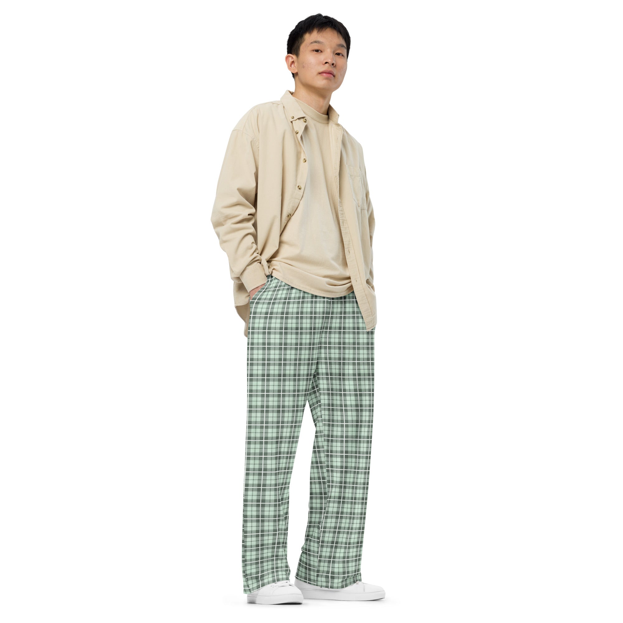 unisex wide leg pants Tartan Light green