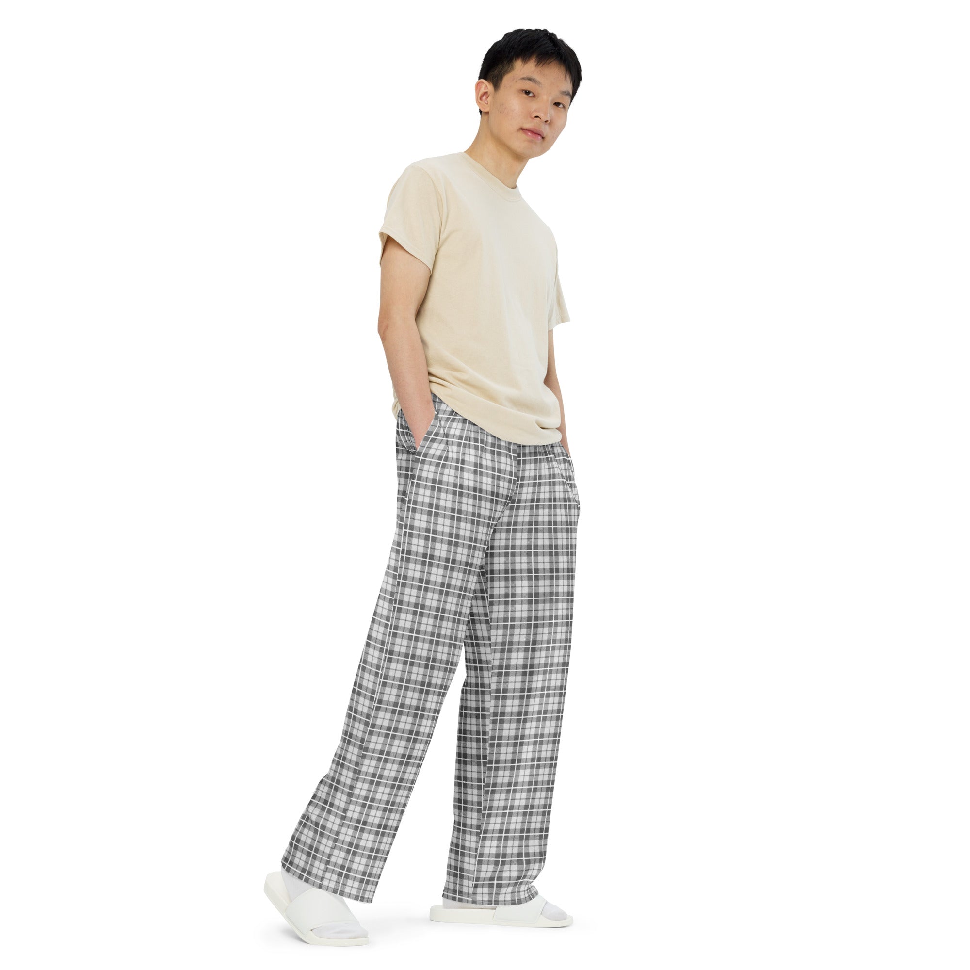 unisex wide leg pants Tartan Light grey