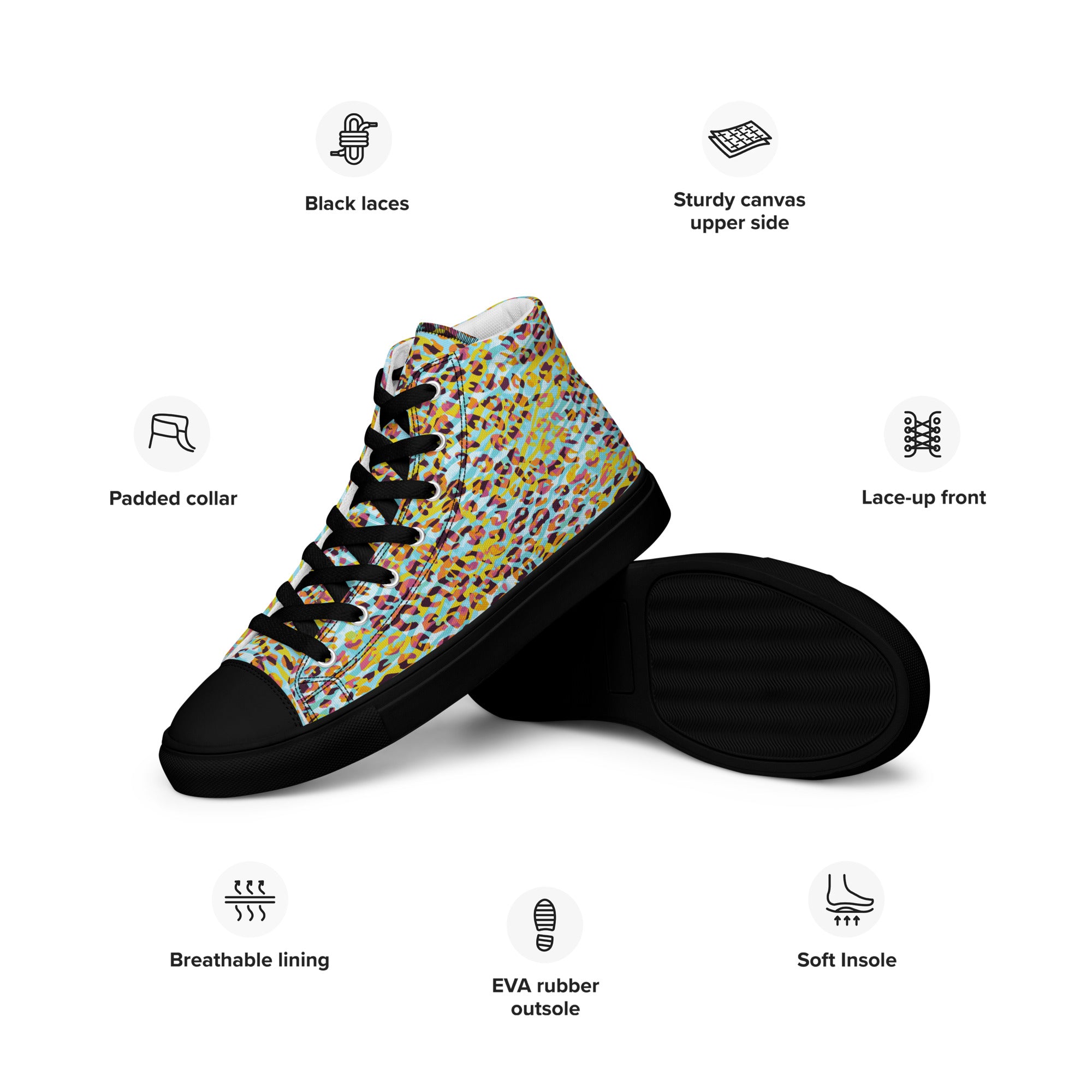 Women’s high top canvas shoes Zebra and Leopard Print Cyan with Yellow