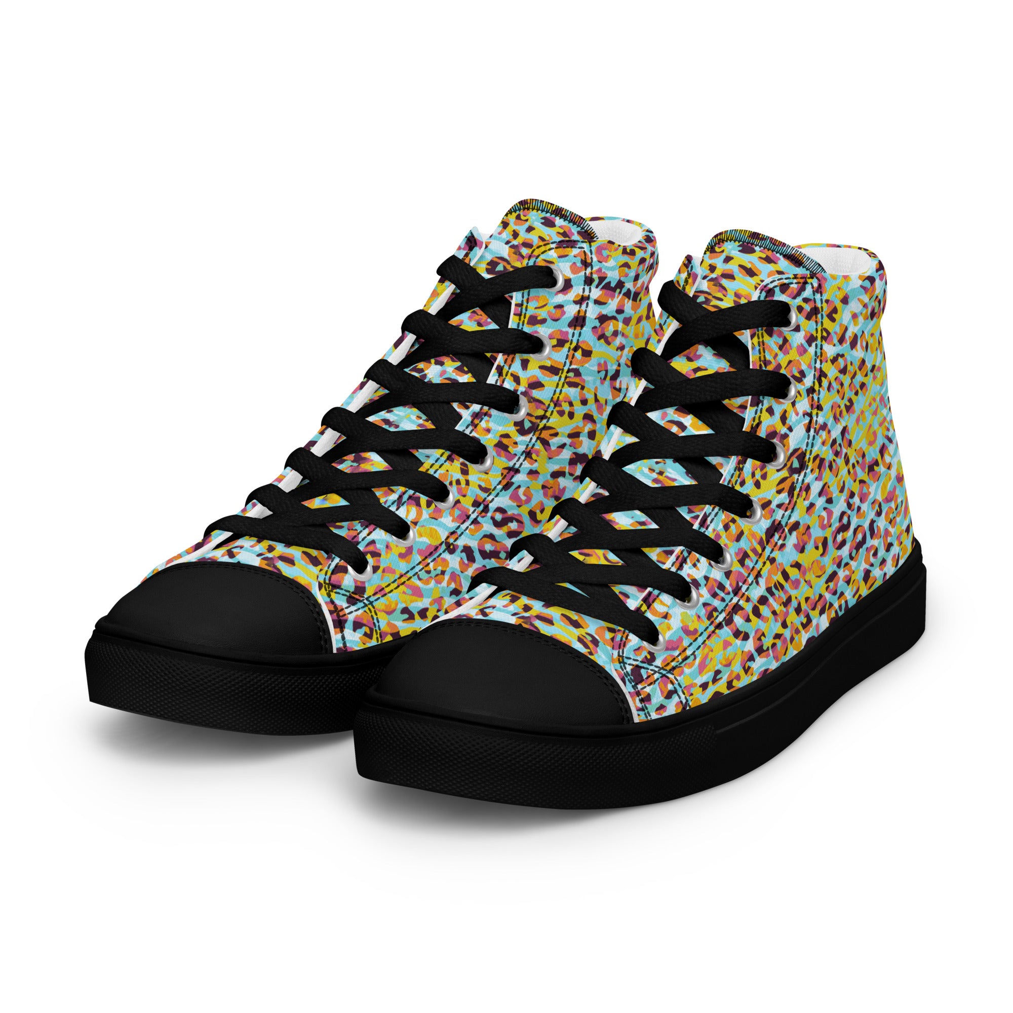 Women’s high top canvas shoes Zebra and Leopard Print Cyan with Yellow