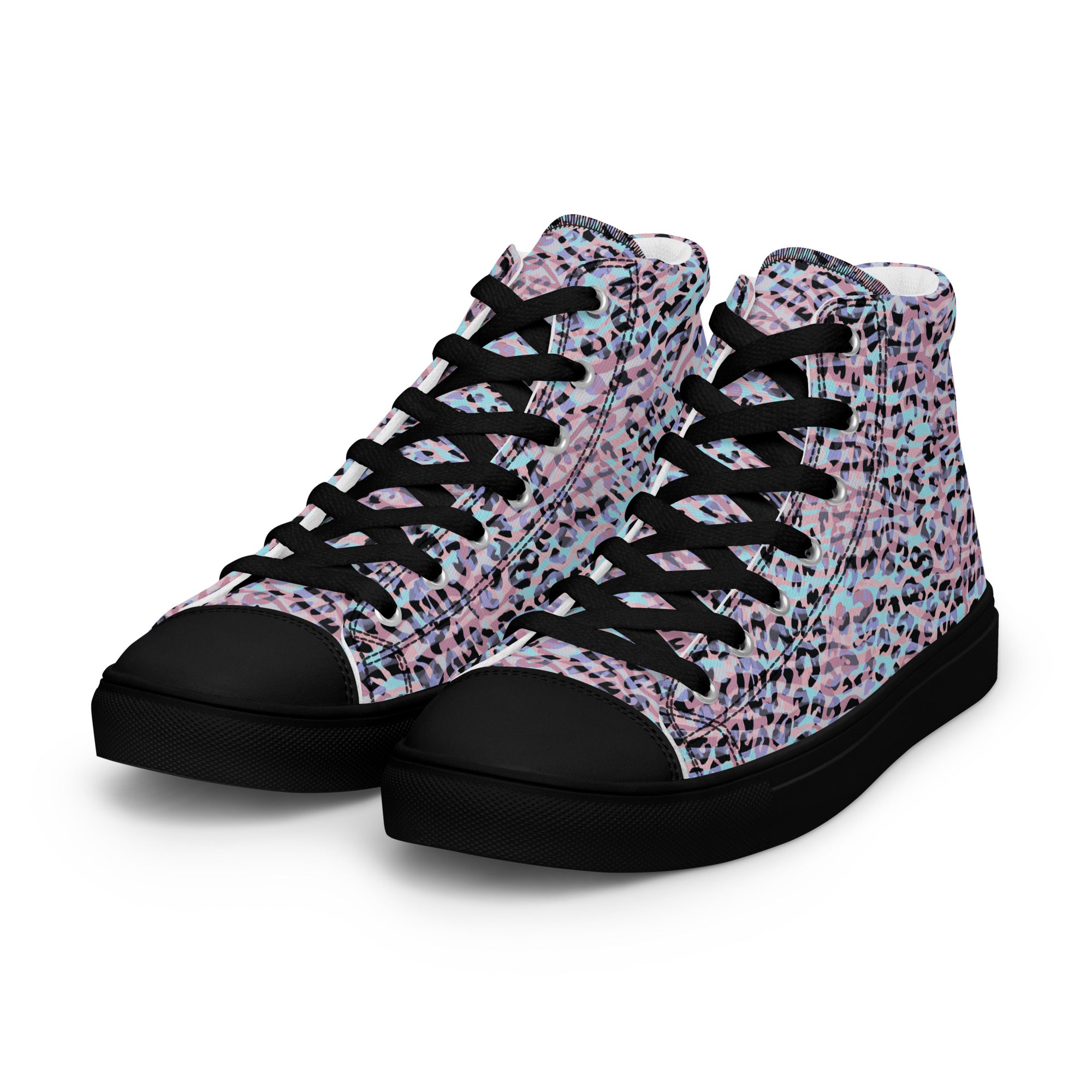 Women’s high top canvas shoes Zebra and Leopard Print Pink with Cyan