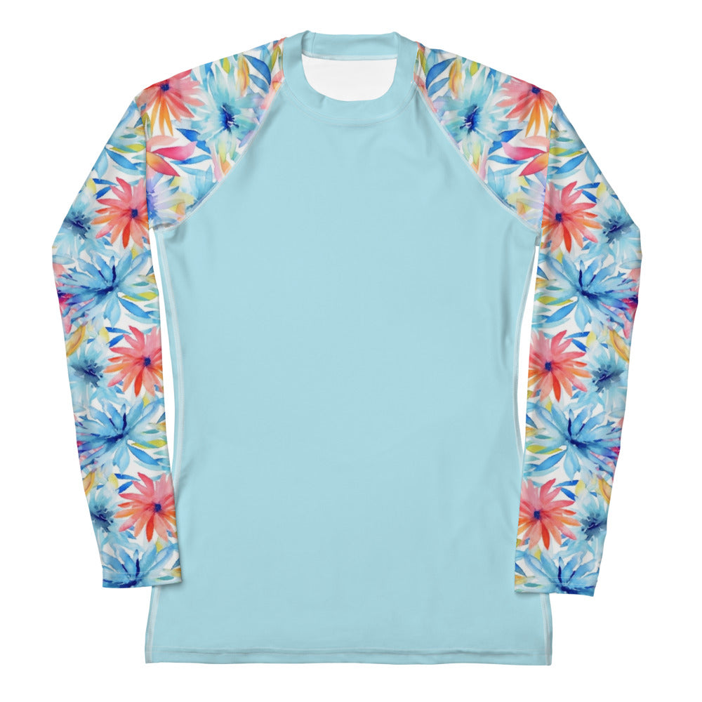 Women's Rash Guard Watercolor flowers Cyan